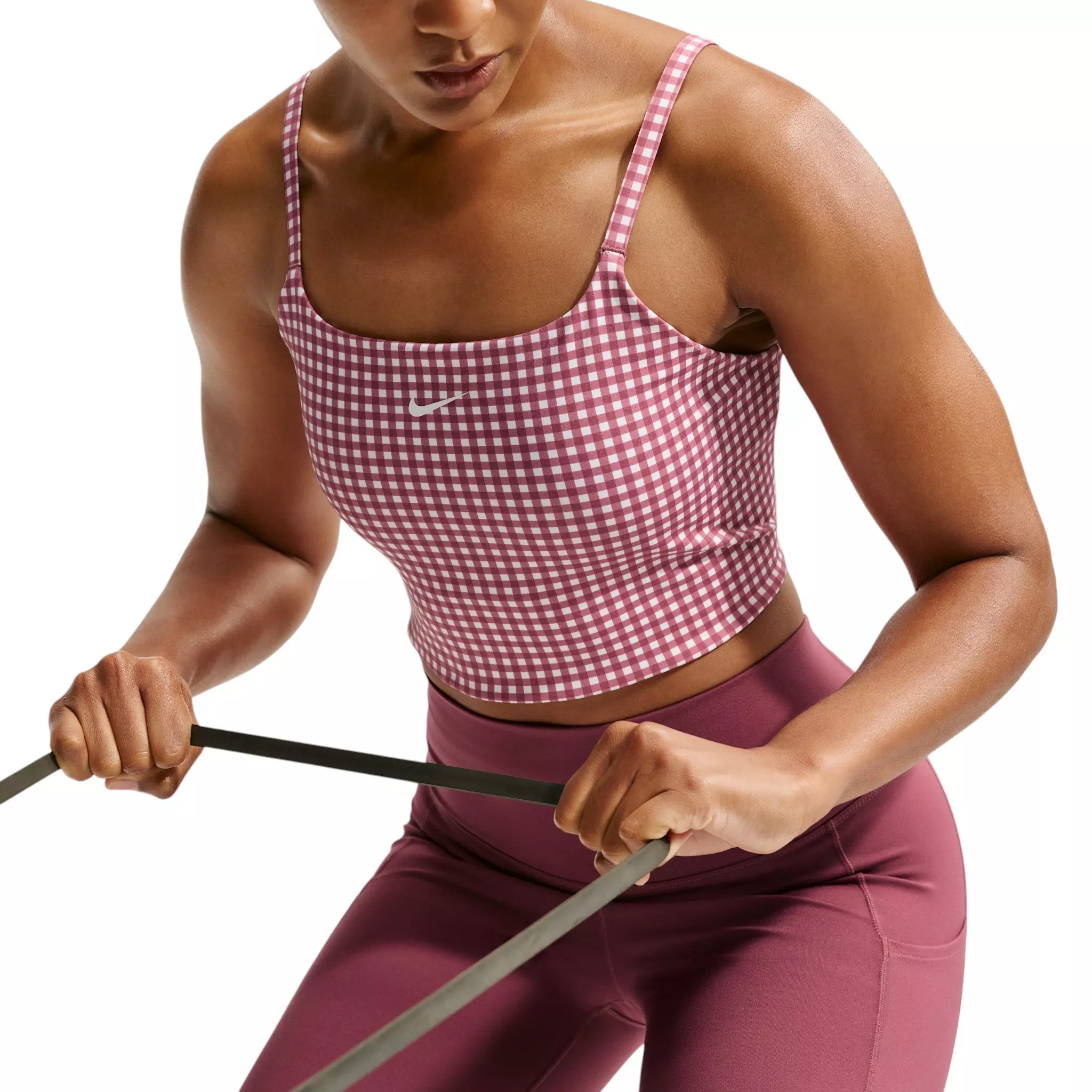 Nike Women's One Lt-Support Padded Longline Gingham Sports Bra - Pink Smoke - PINK SMOKE