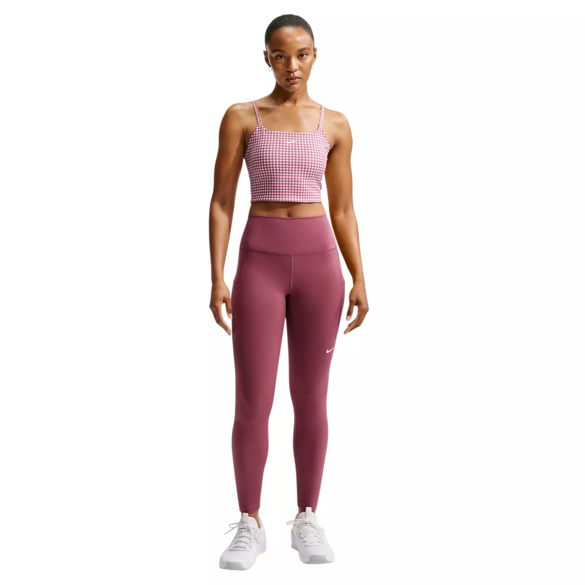 Nike Women's One Lt-Support Padded Longline Gingham Sports Bra - Pink Smoke - PINK SMOKE
