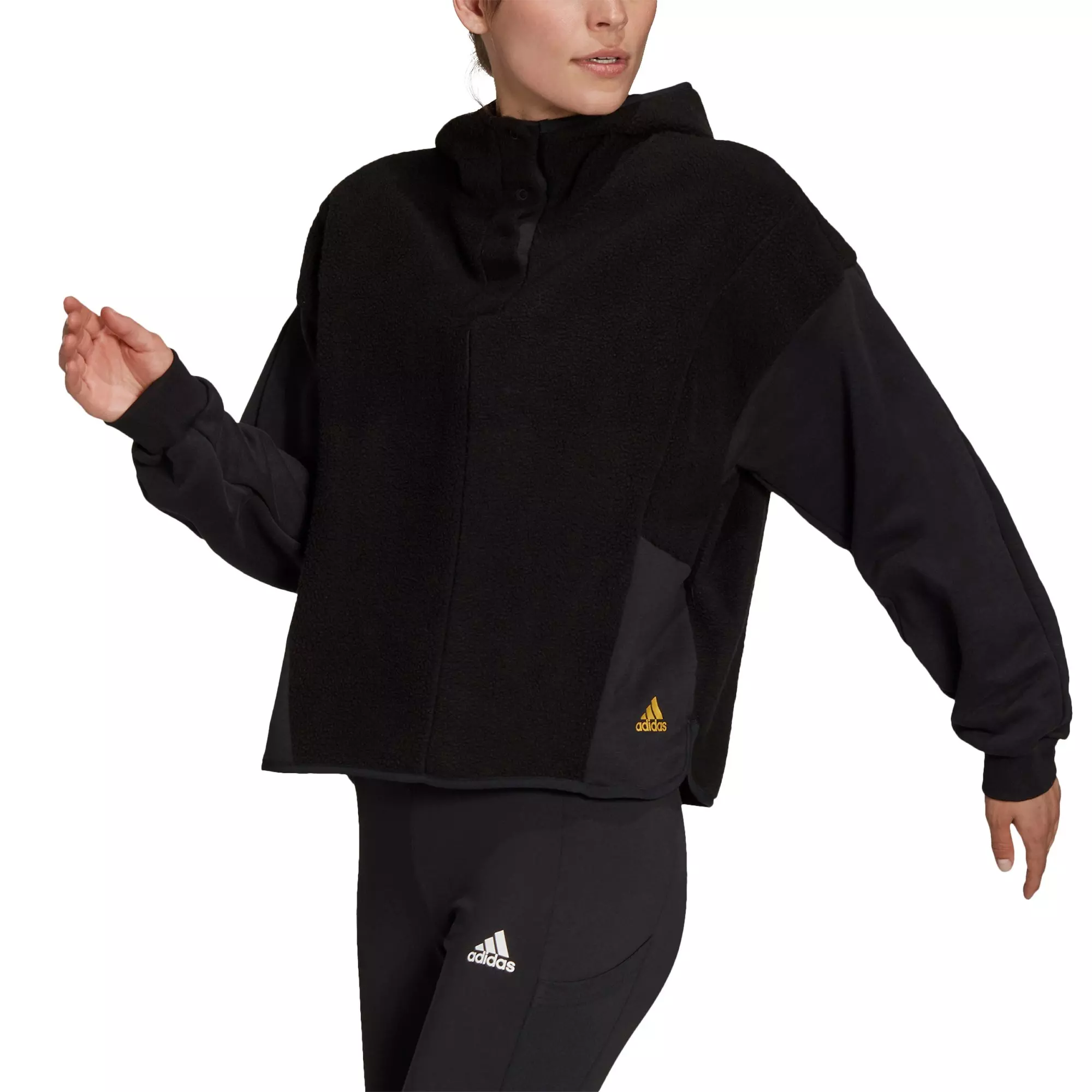 adidas Women's Essentials Golden Logo Black/Gold Sherpa Hoodie - BLACK/GOLD