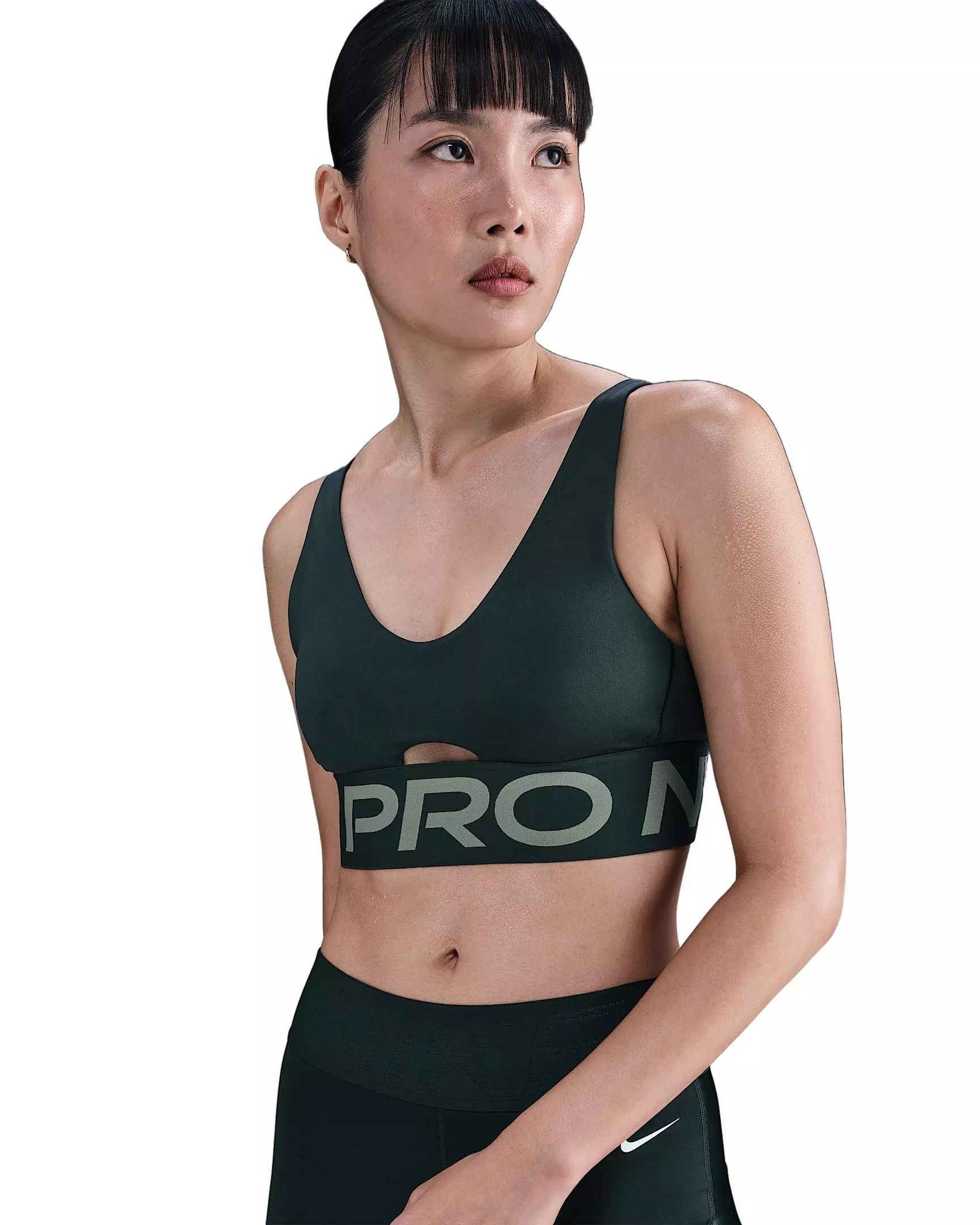 Nike Women's Pro Indy Plunge Medium-Support Padded Sports Bra - Dark Green - DARK GREEN