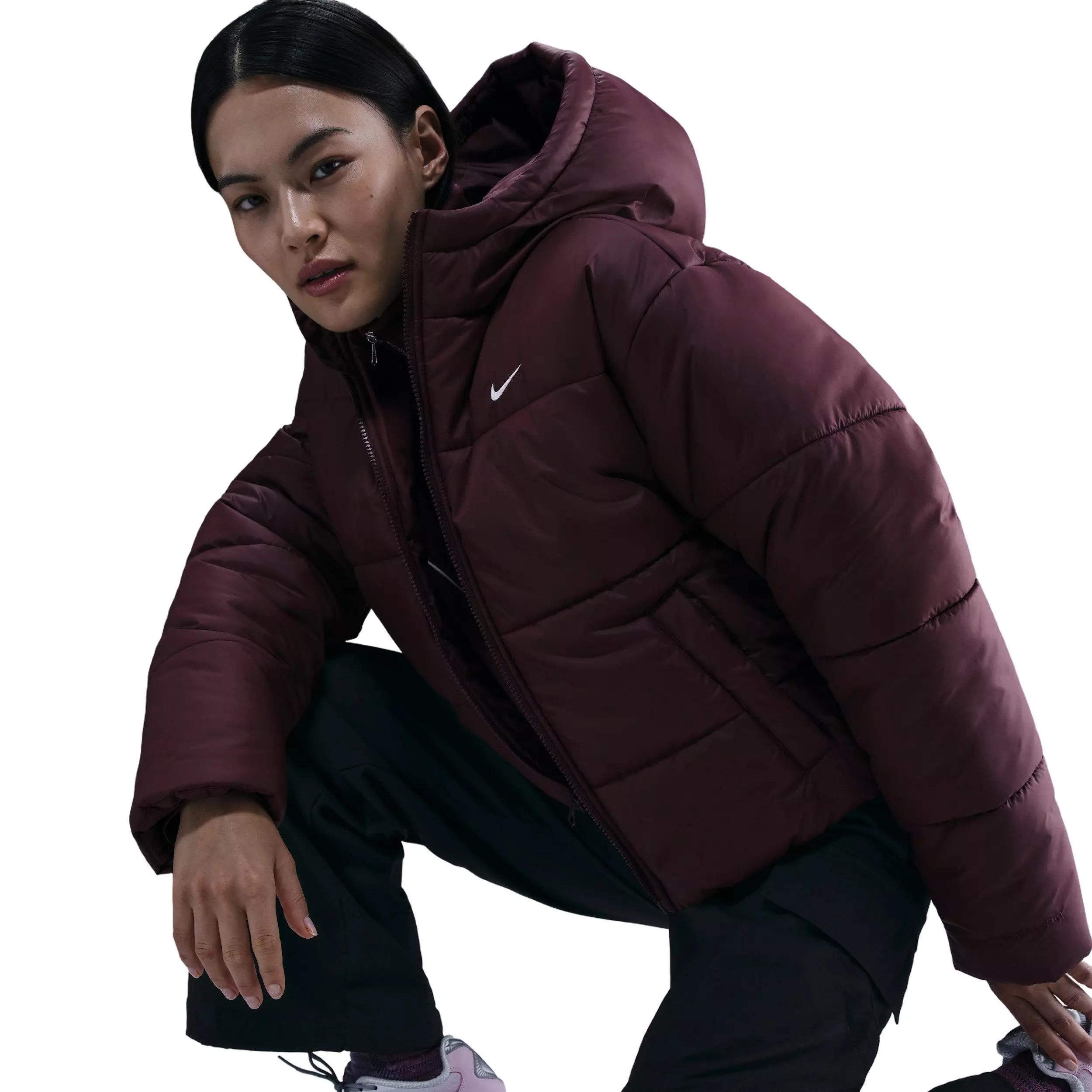 Nike Women's Sportswear Classic Puffer Therma-FIT Loose Hooded Jacket - Burgundy - RED