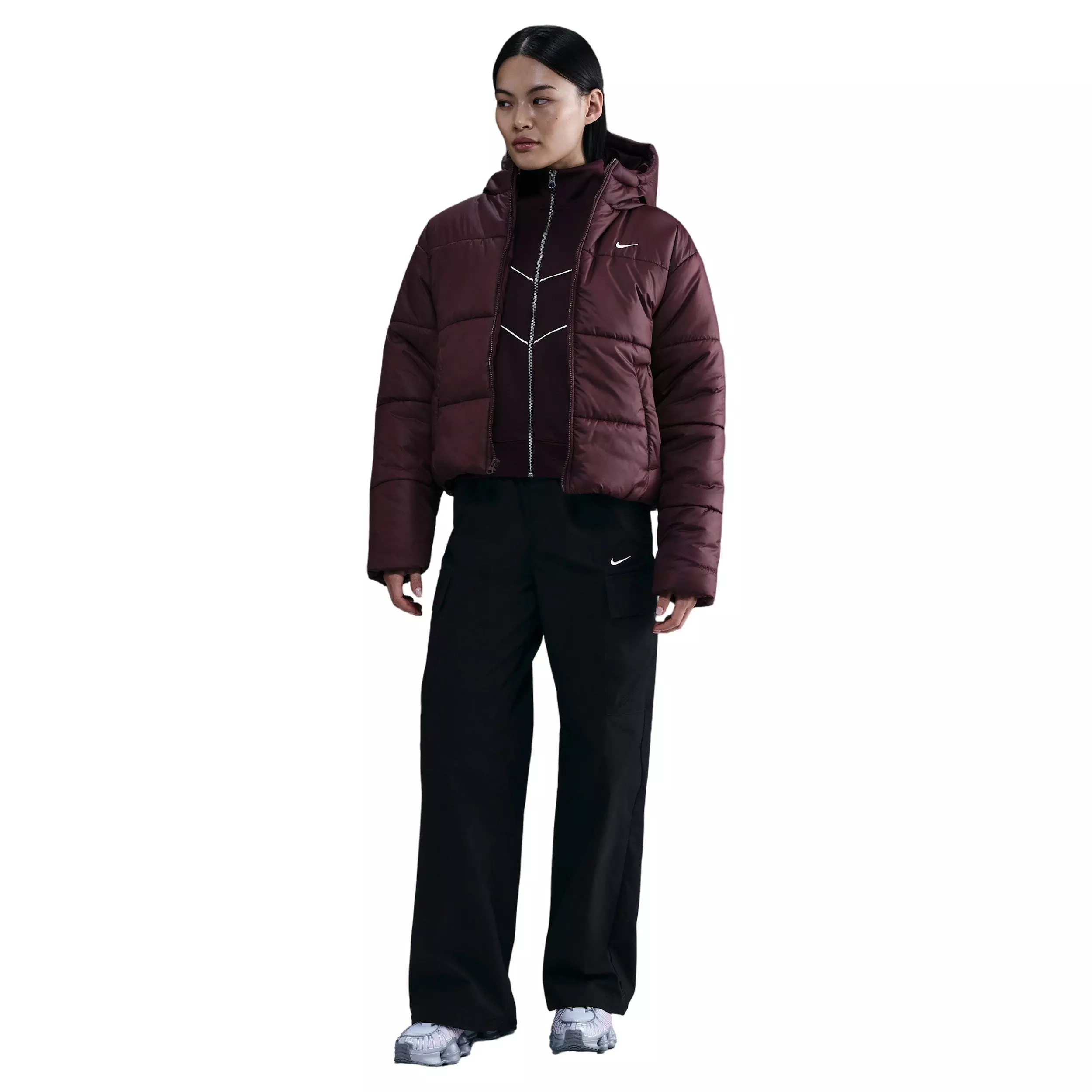 Nike Women's Sportswear Classic Puffer Therma-FIT Loose Hooded Jacket - Burgundy - RED
