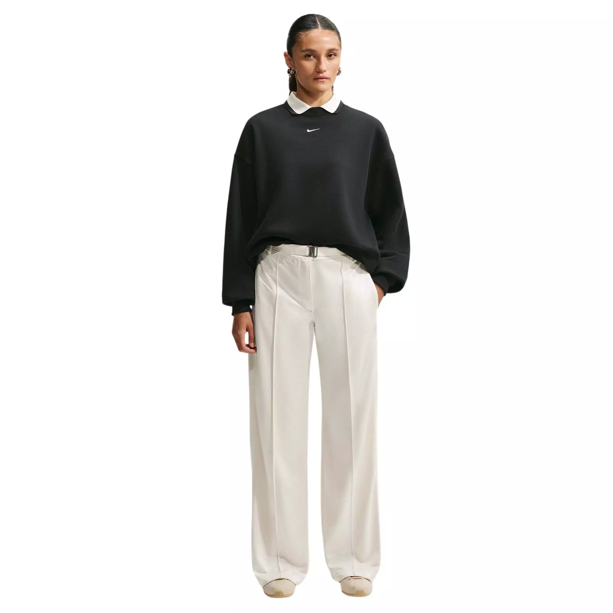 Nike Women's Studio Fleece Medium Weight Oversized Crewneck Sweatshirt - Black/Off-White - BLACK/OFF-WHITE