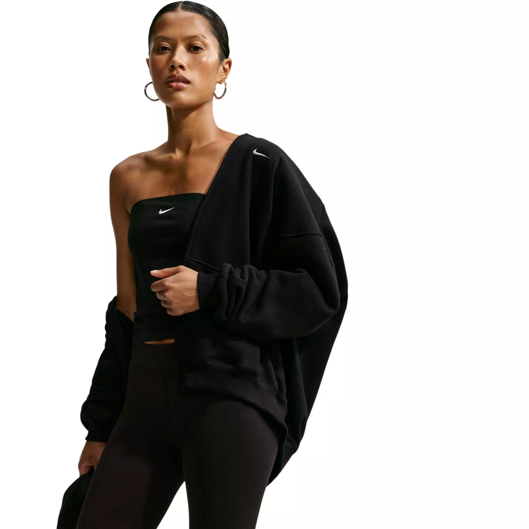 Nike Women's Studio Fleece Medium Weight Oversized Full-Zip Hooded Jacket - Black/Off-White - BLACK/OFF-WHITE