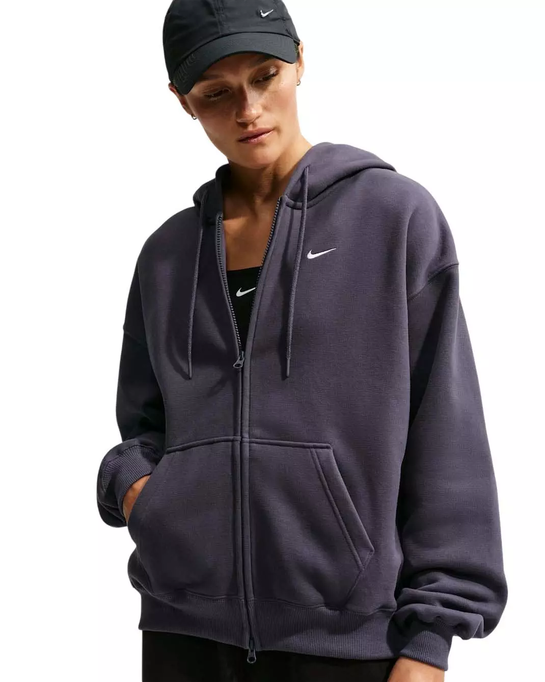 Nike Women's Studio Fleece Medium Weight Oversized Full-Zip Hooded Jacket - Dark Grey - DARK GREY