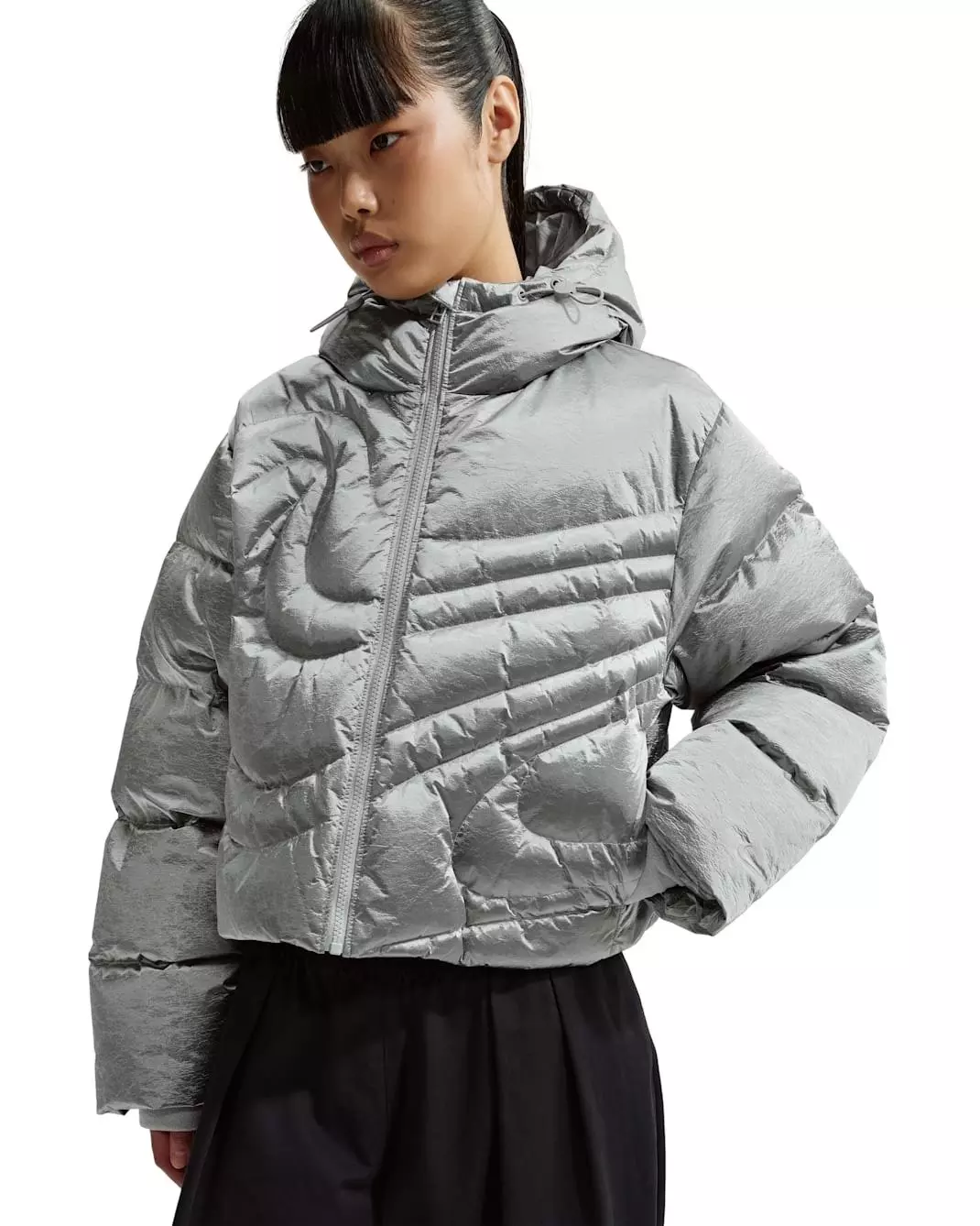 Nike Women's Sportswear Swoosh Series Therma-FIT Oversized Metallic Down Puffer Jacket - Silver - SILVER