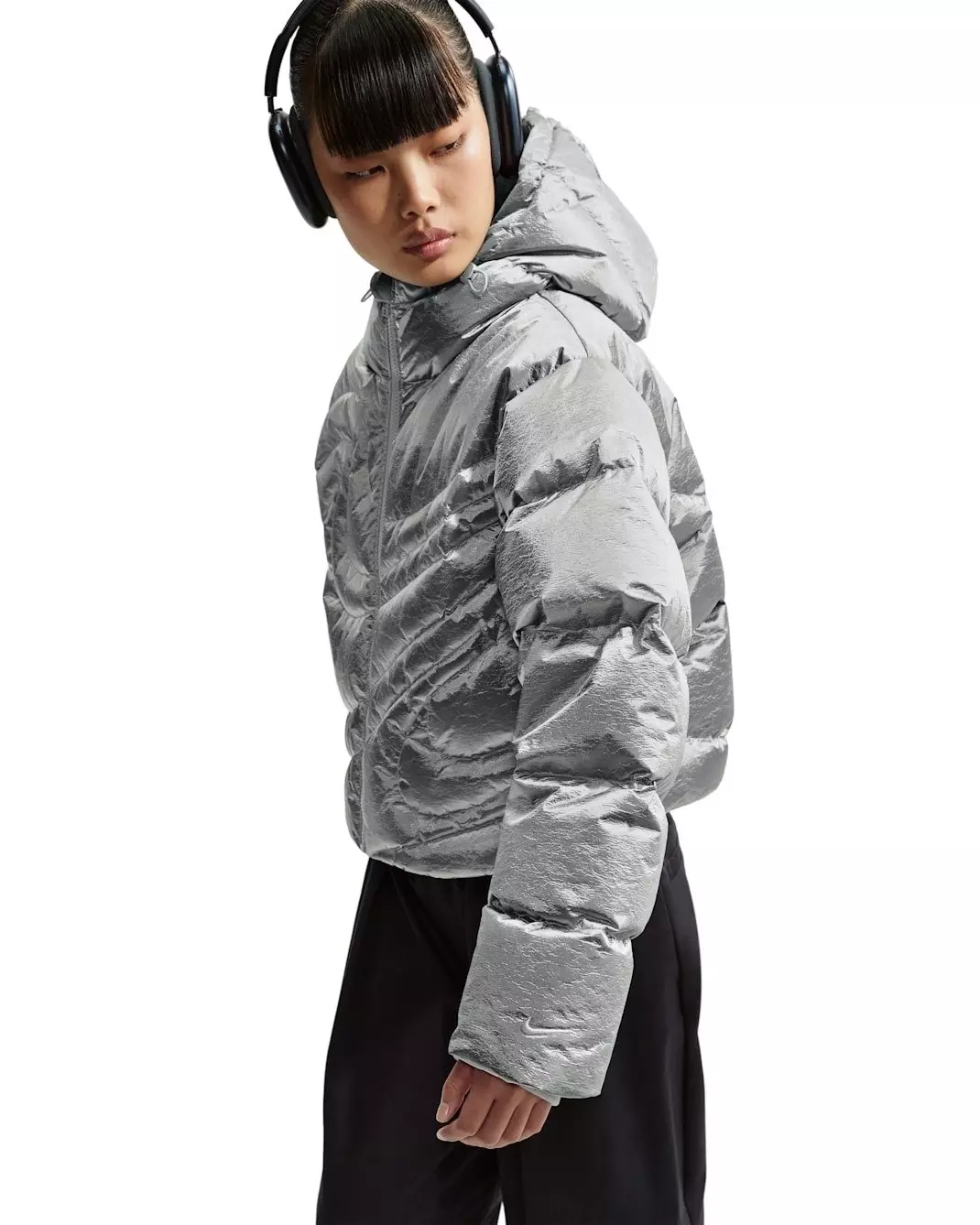 Nike Women's Sportswear Swoosh Series Therma-FIT Oversized Metallic Down Puffer Jacket -Silver - SILVER