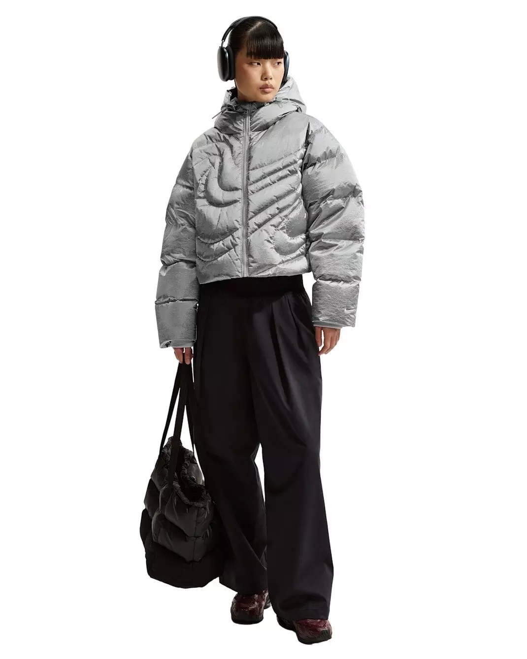 Nike Women's Sportswear Swoosh Series Therma-FIT Oversized Metallic Down Puffer Jacket -Silver - SILVER