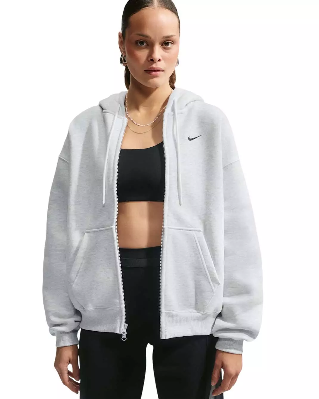 Nike Women's Studio Fleece Medium Weight Oversized Full-Zip Hooded Jacket - Birch/Black - BIRCH/BLACK