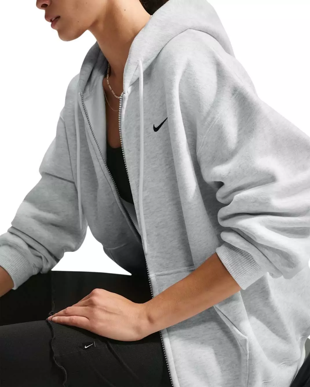 Nike Women's Studio Fleece Medium Weight Oversized Full-Zip Hooded Jacket - Birch/Black - BIRCH/BLACK