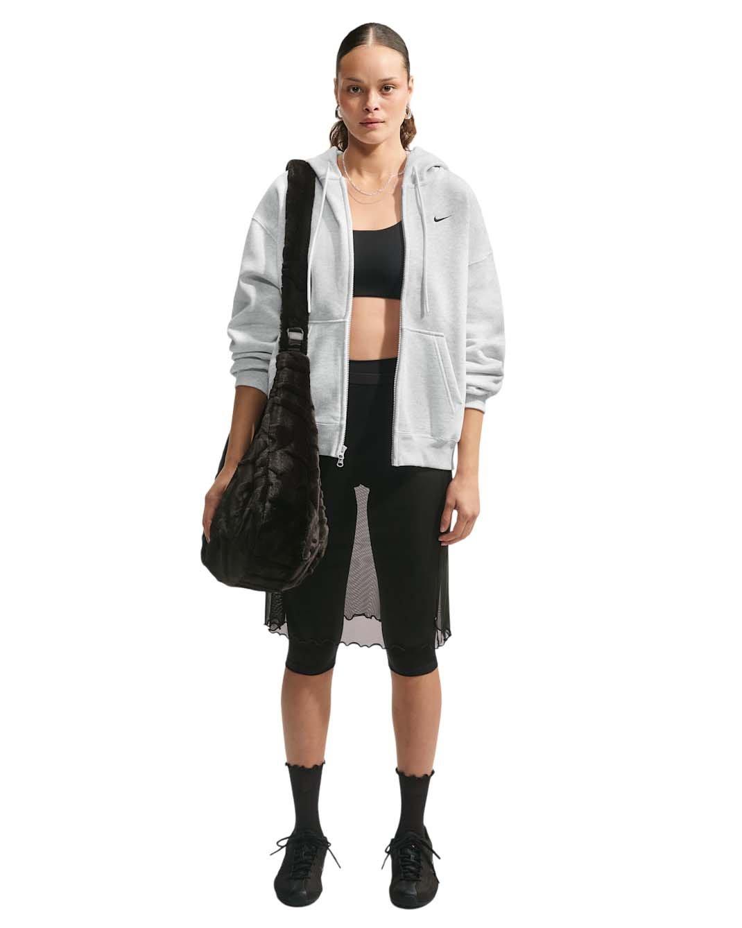 Nike Women's Studio Fleece Medium Weight Oversized Full-Zip Hooded Jacket - Birch/Black - BIRCH/BLACK