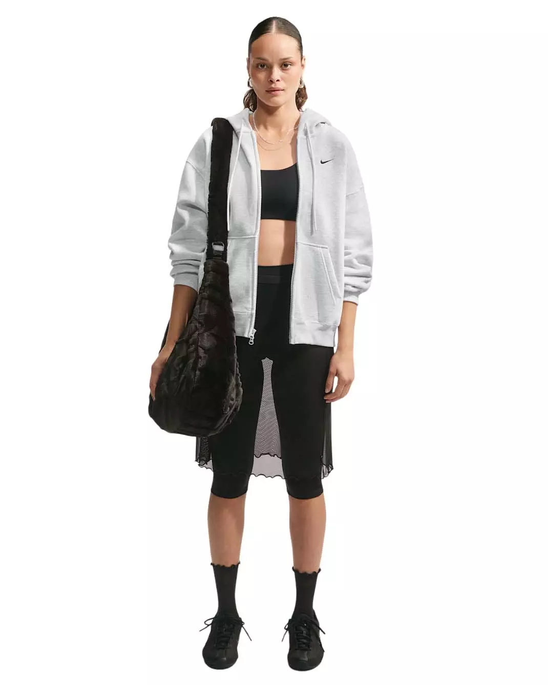 Nike Women's Studio Fleece Medium Weight Oversized Full-Zip Hooded Jacket - Birch/Black - BIRCH/BLACK