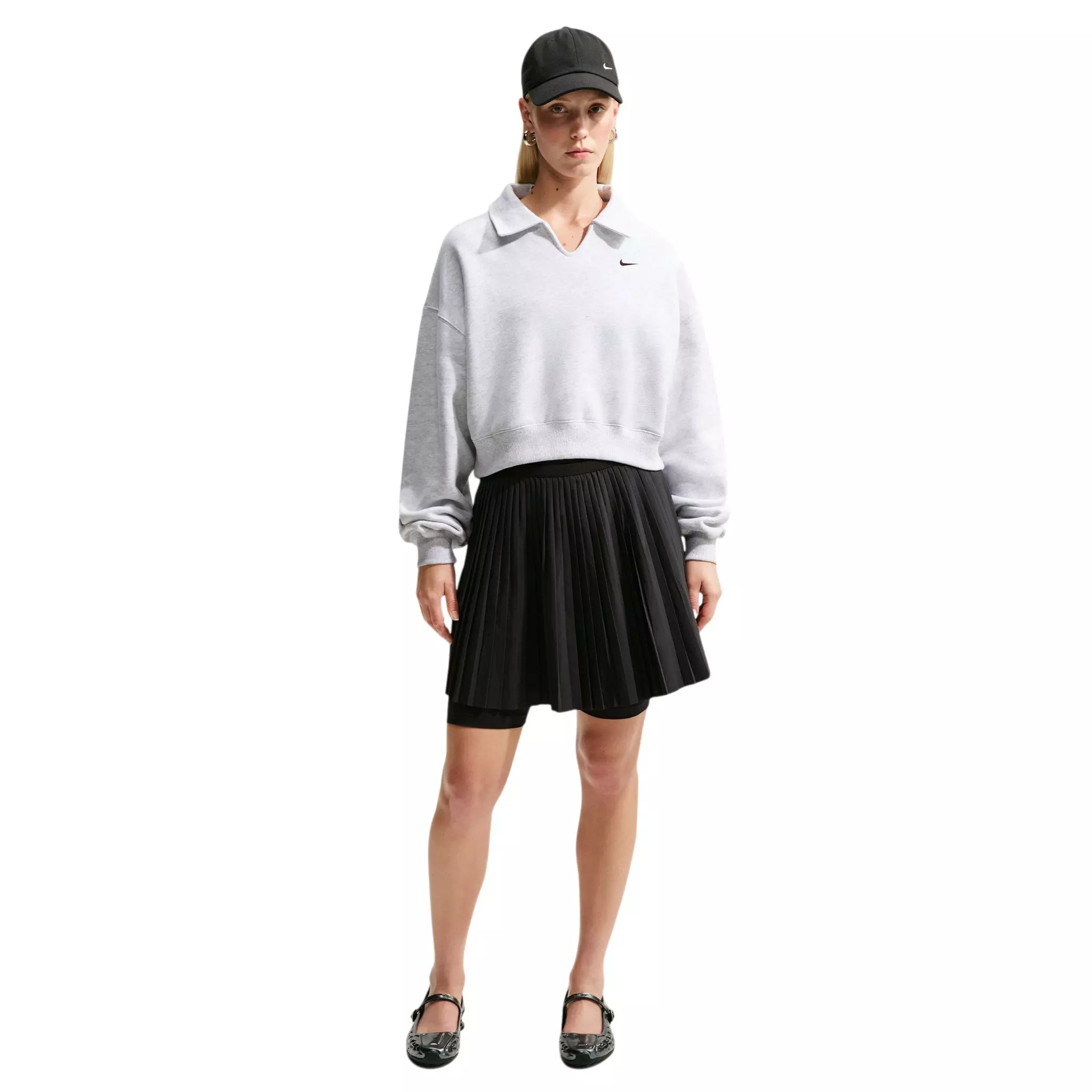 Nike Women's Studio Fleece Med-Weight Oversized Cropped Polo - Birch Heather - BIRCH HEATHER