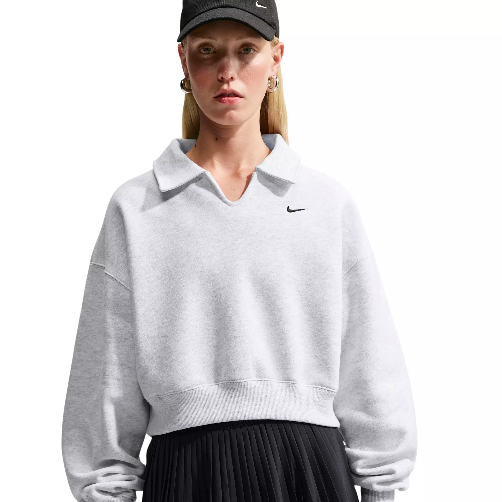 Nike Women's Studio Fleece Med-Weight Oversized Cropped Polo - Birch Heather - BIRCH HEATHER