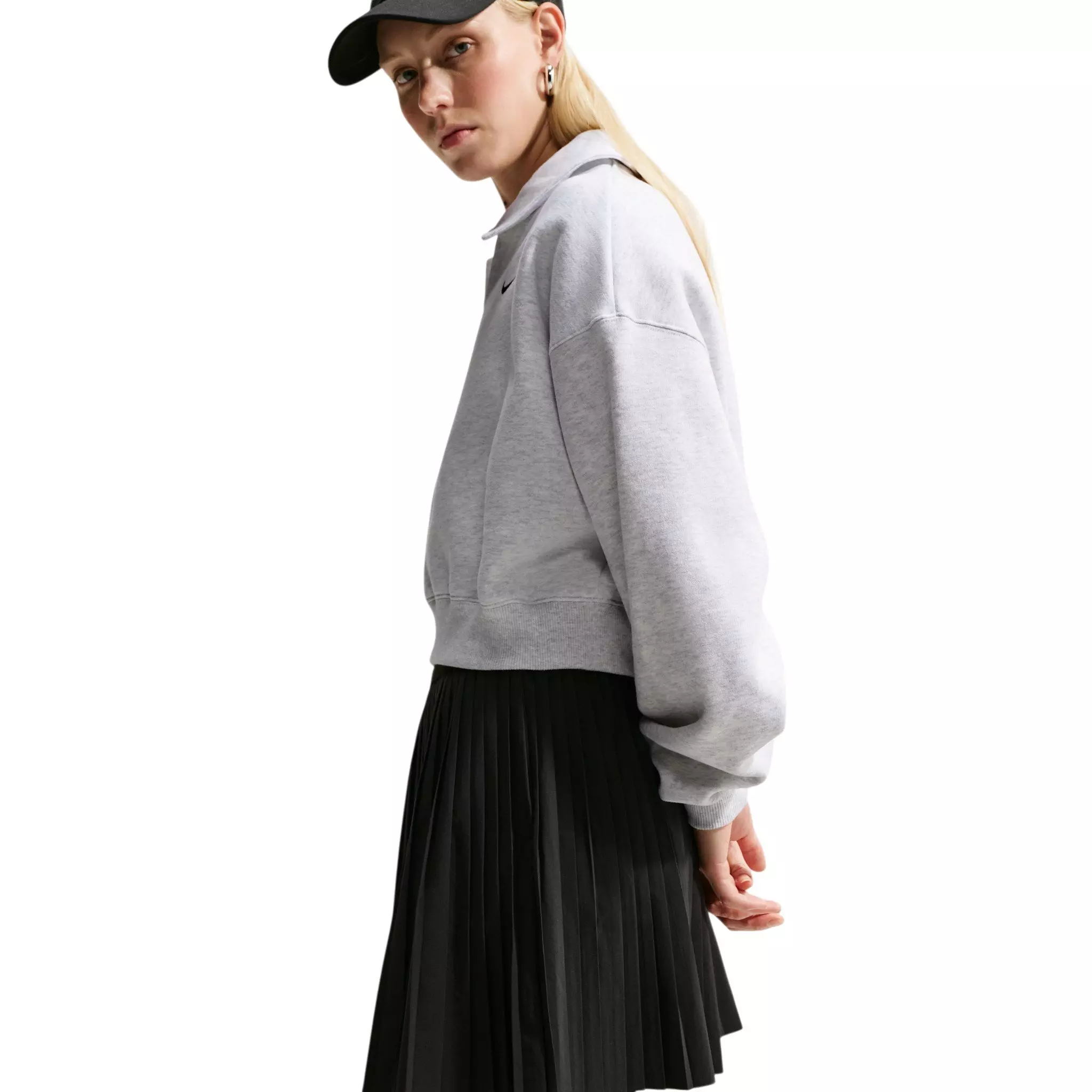 Nike Women's Studio Fleece Med-Weight Oversized Cropped Polo - Birch Heather - BIRCH HEATHER