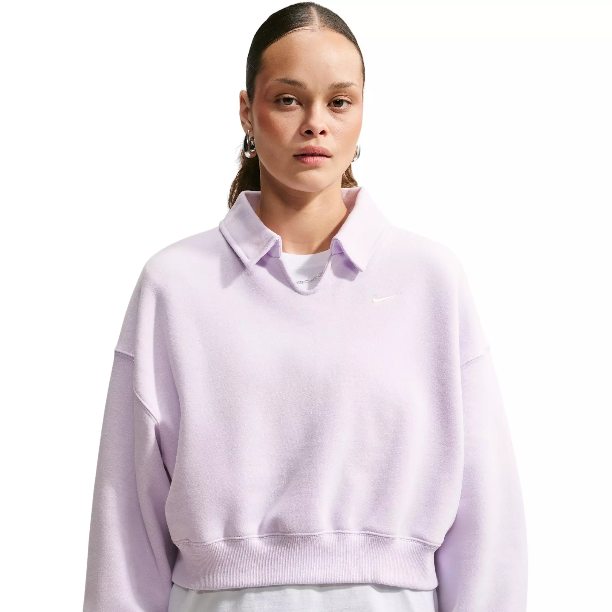 Nike Women's Studio Fleece Med-Weight Oversized Cropped Polo - Bleached Lilac - BLEACHED LILAC 