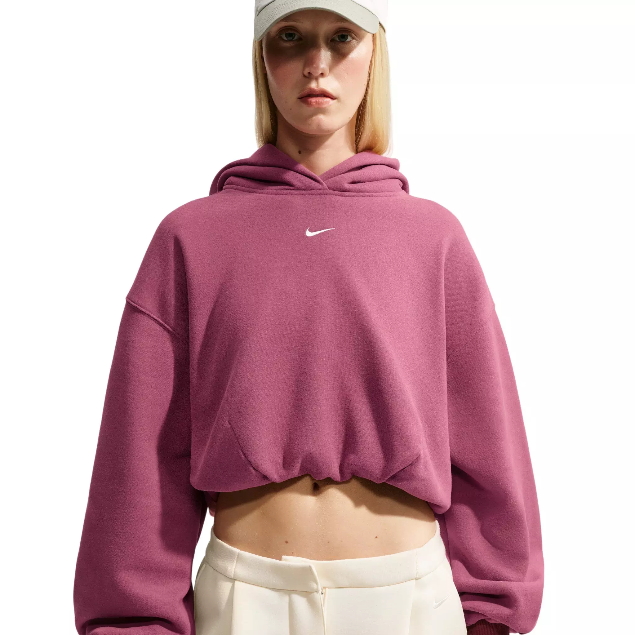Nike Women's Studio Fleece Medium Weight Oversized Cropped Hoodie - Pink Smoke - PINK SMOKE