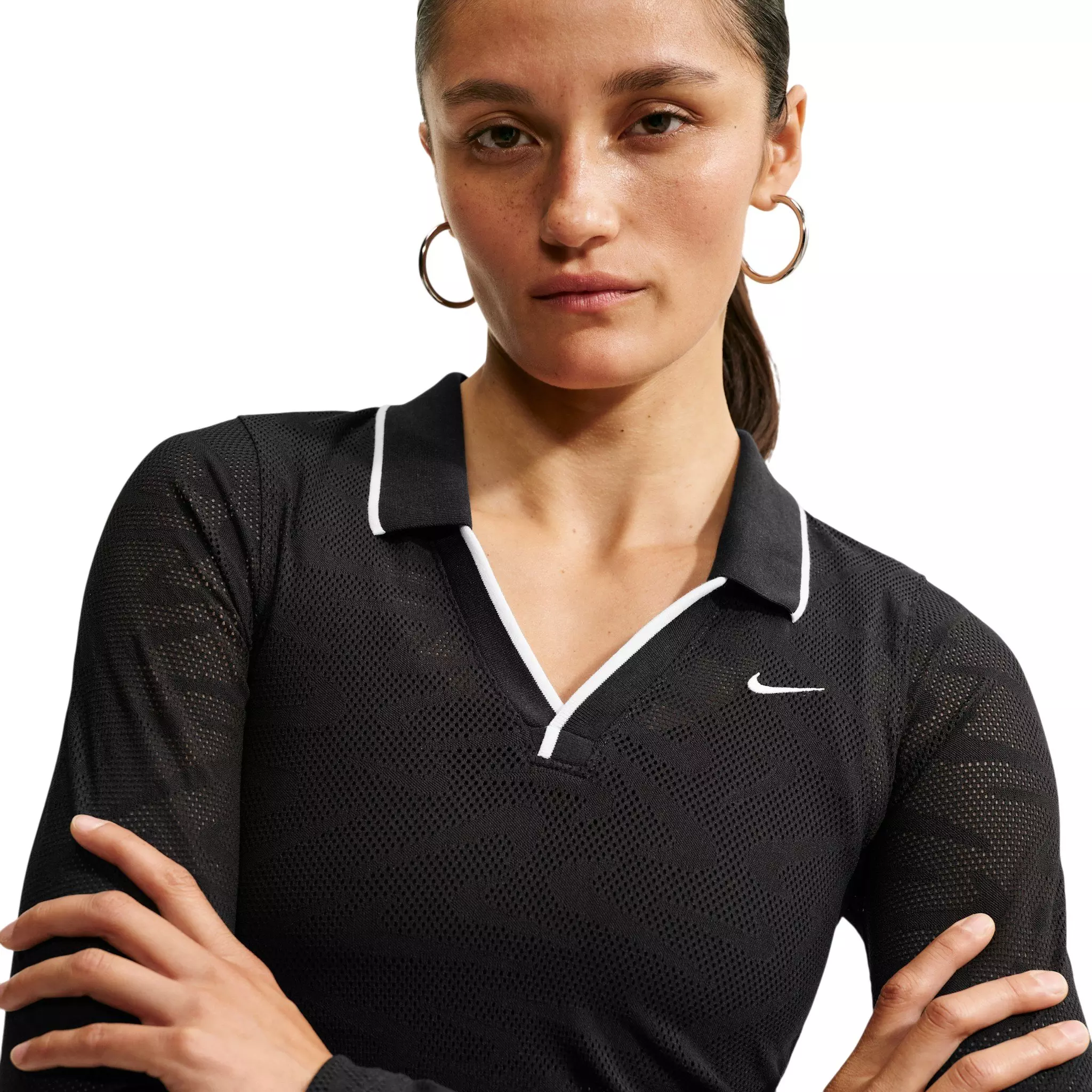 Nike Women's Sportswear Chill Knit Tight Mod-Cropped Long Sleeve Lace Top - Black - BLACK