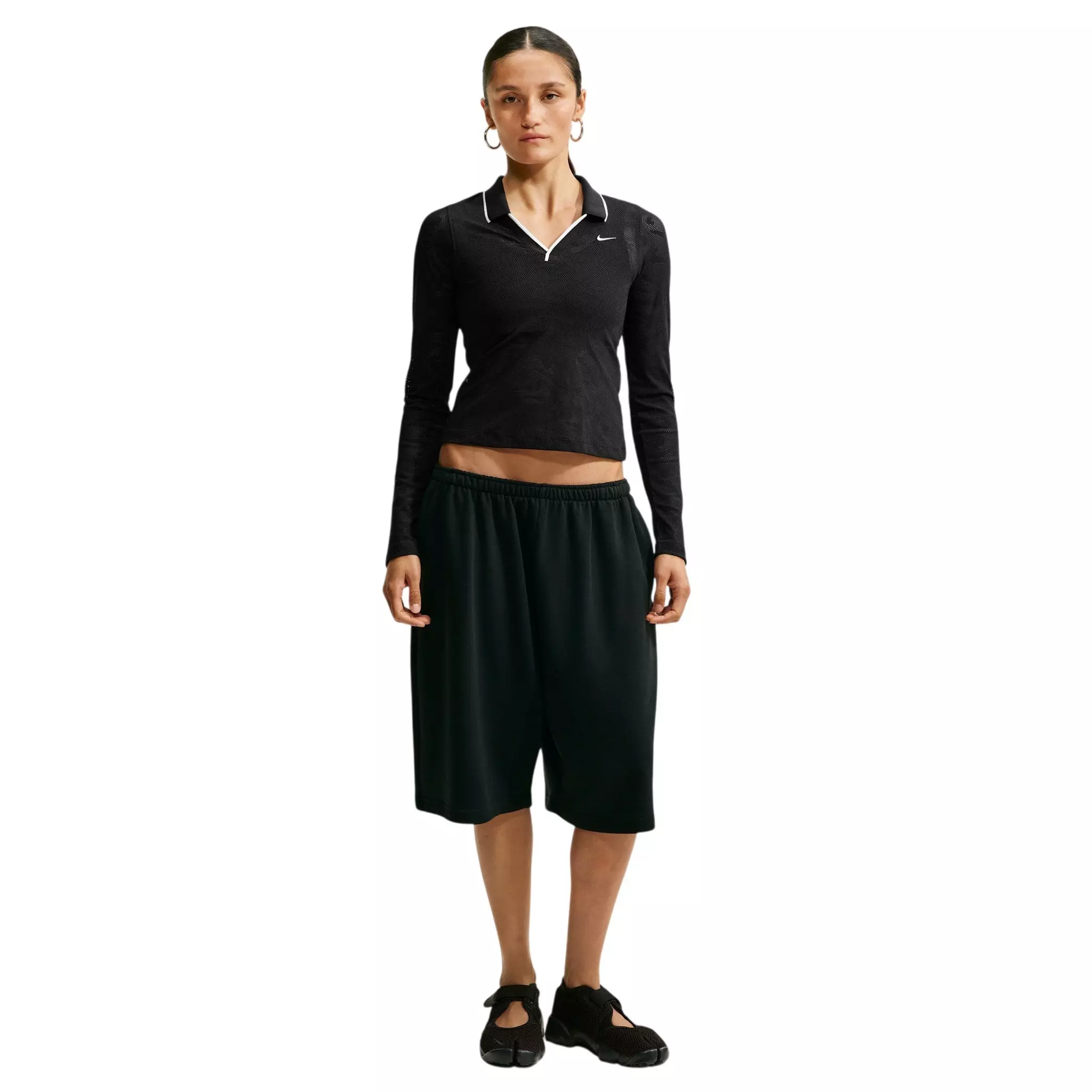 Nike Women's Sportswear Chill Knit Tight Mod-Cropped Long Sleeve Lace Top - Black - BLACK