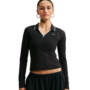 Nike Women's Sportswear Chill Knit Tight Mod-Cropped Long Sleeve Lace Top - Black - BLACK