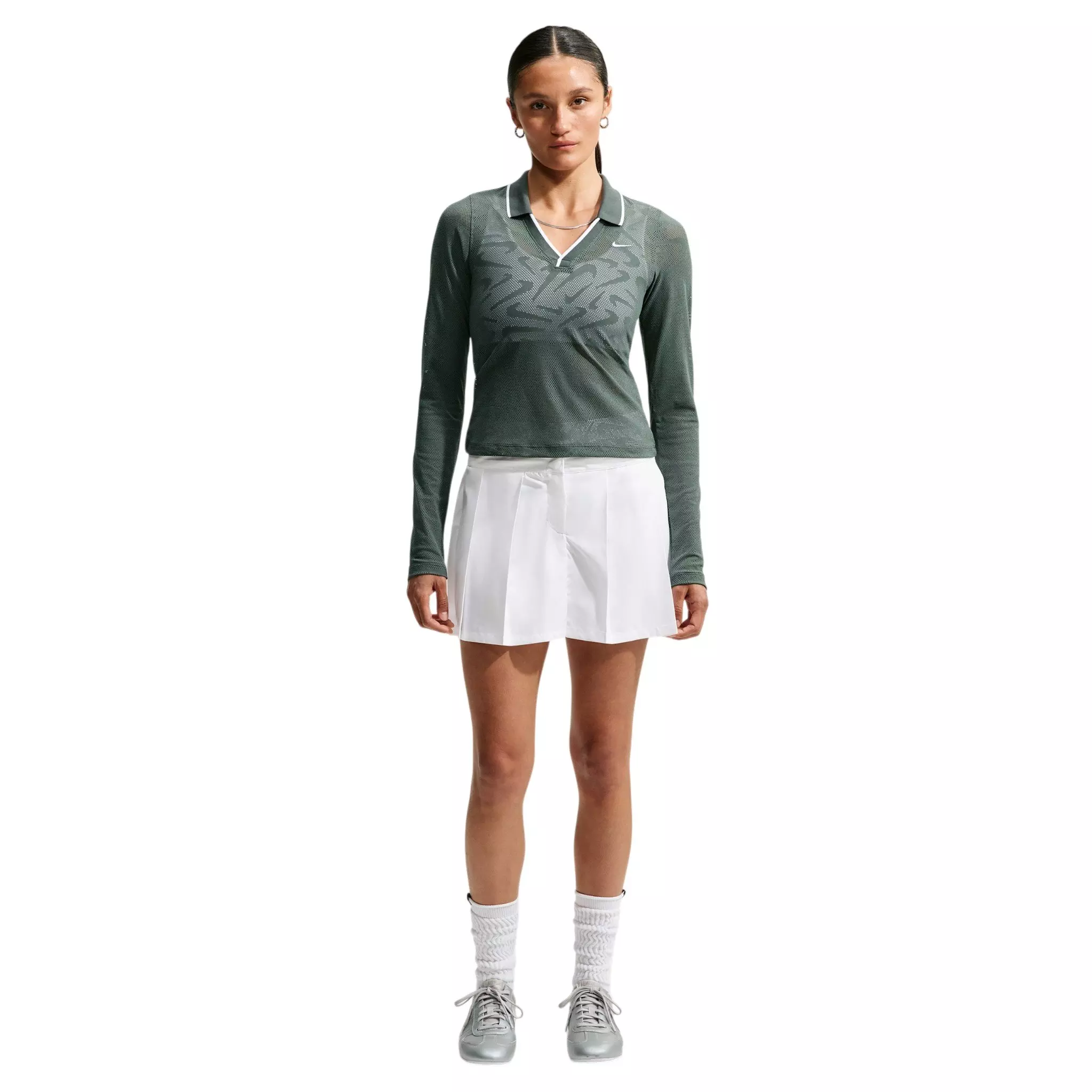 Nike Women's Sportswear Chill Knit Tight Mod-Cropped Long Sleeve Lace Top - Camo Green - CAMO GREEN