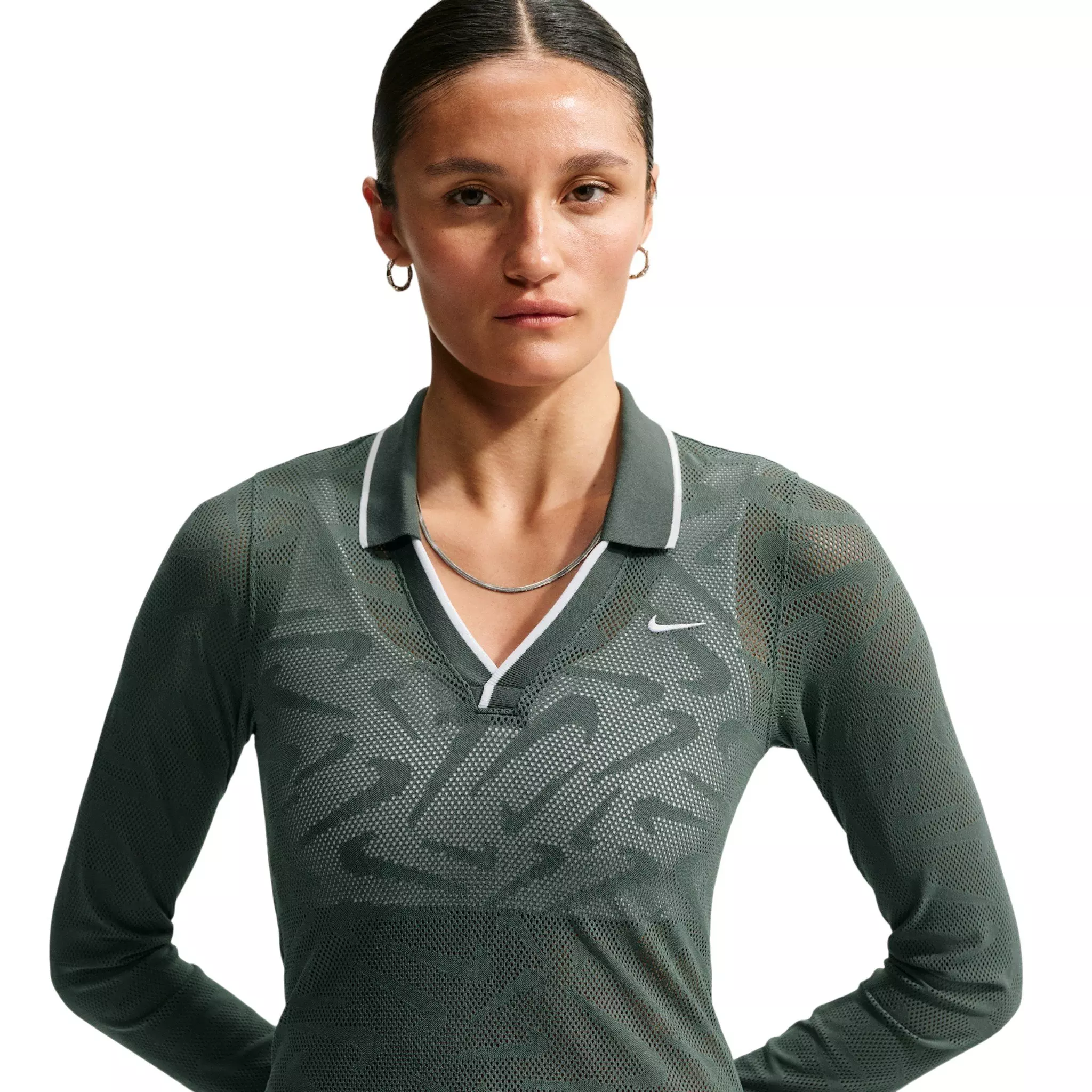 Nike Women's Sportswear Chill Knit Tight Mod-Cropped Long Sleeve Lace Top - Camo Green - CAMO GREEN