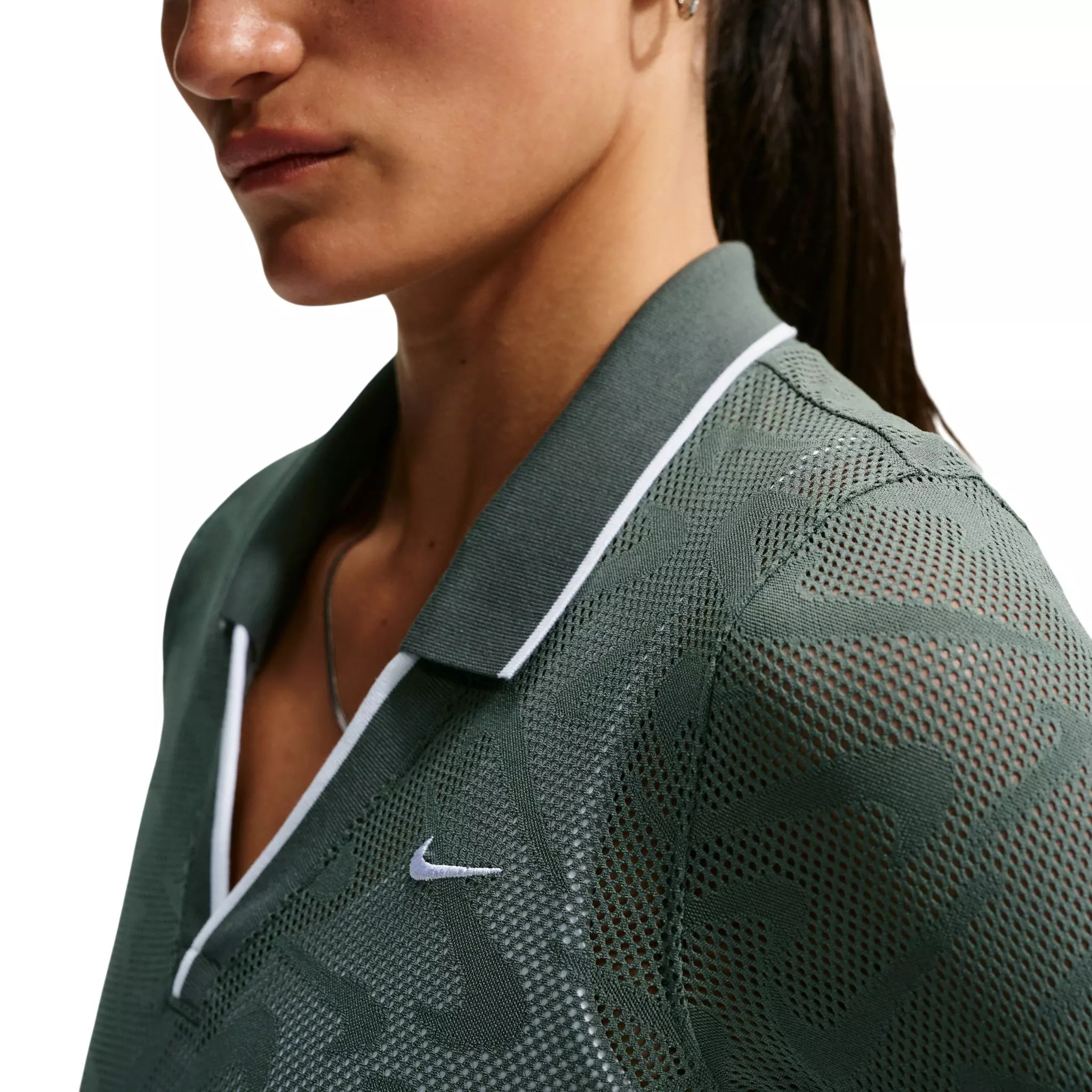 Nike Women's Sportswear Chill Knit Tight Mod-Cropped Long Sleeve Lace Top - Camo Green - CAMO GREEN