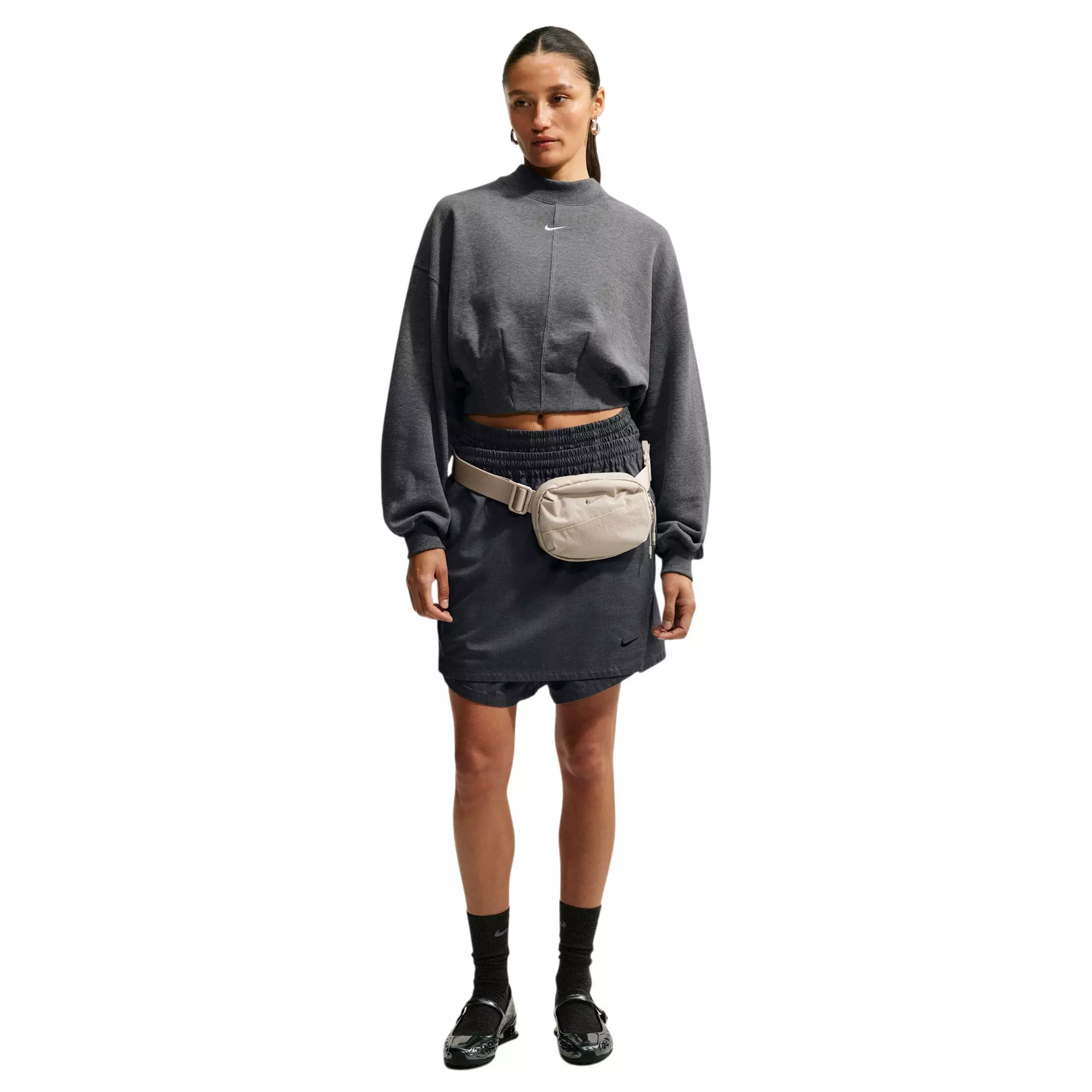 Nike Women's Studio Fleece Lightweight "French Terry" Oversized Cropped Pleated Crew - Charcoal - CHARCOAL