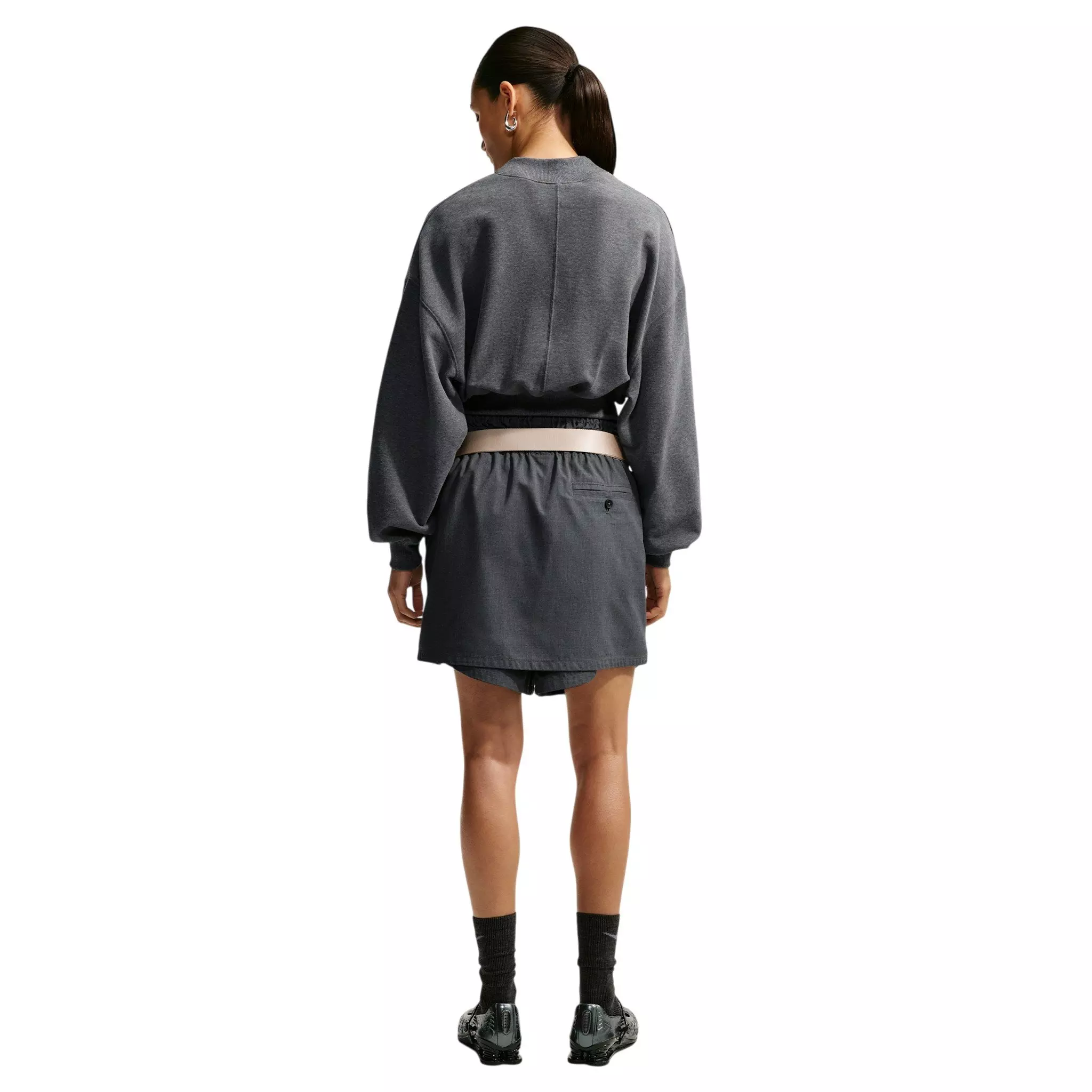 Nike Women's Studio Fleece Lightweight "French Terry" Oversized Cropped Pleated Crew - Charcoal - CHARCOAL