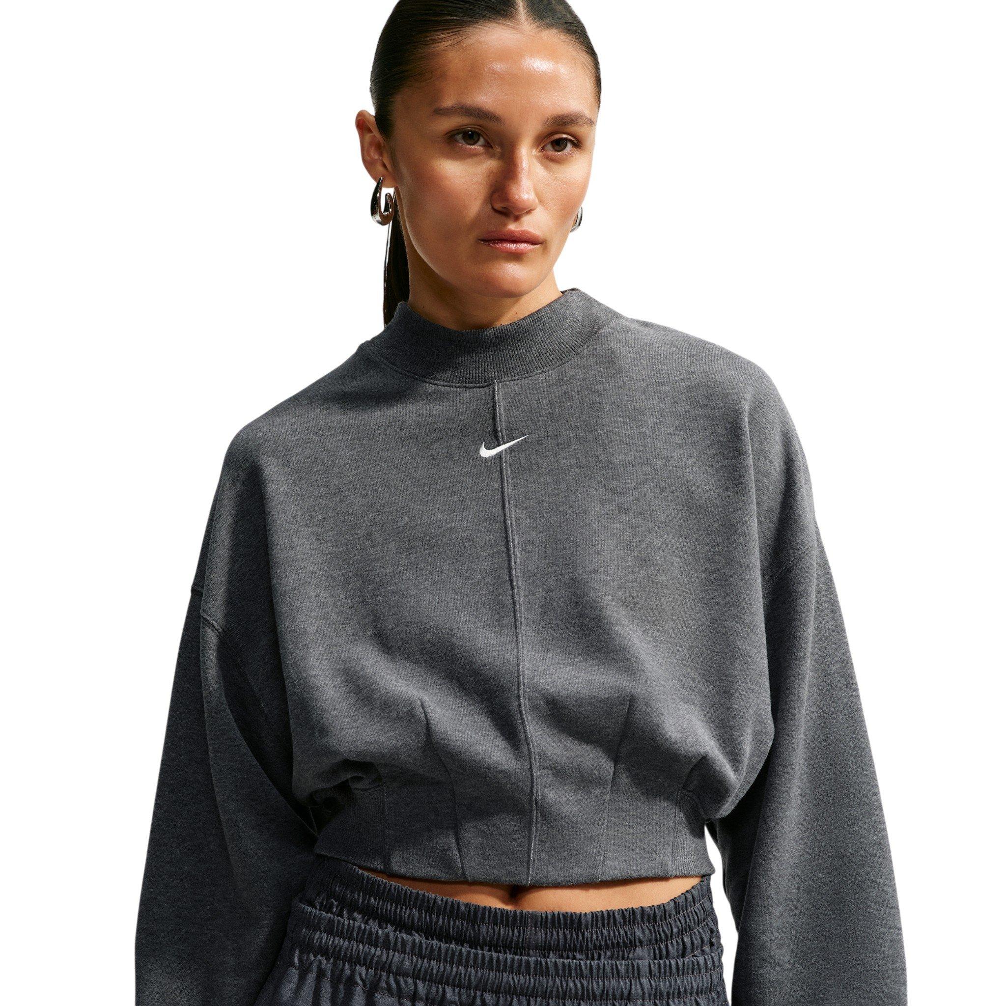 Nike Women's Studio Fleece Lightweight "French Terry" Oversized Cropped Pleated Crew - Charcoal - CHARCOAL