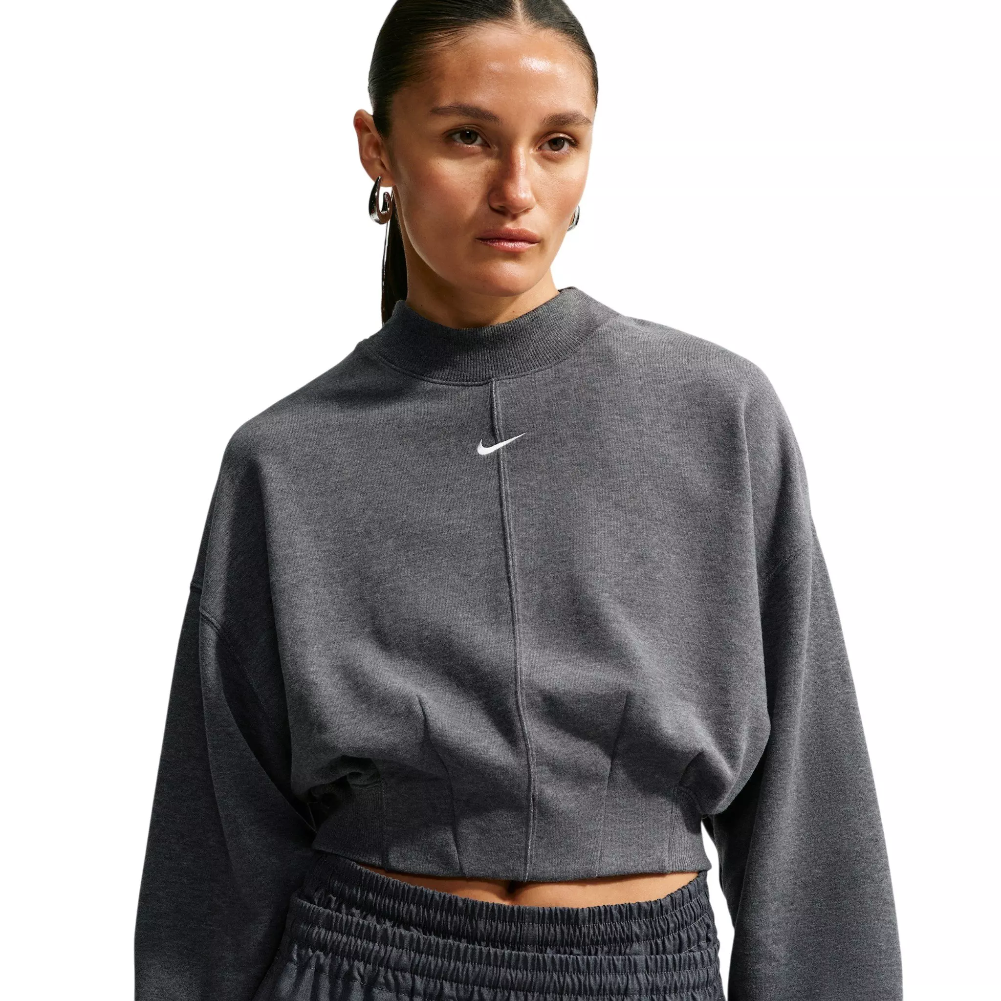 Nike Women's Studio Fleece Lightweight "French Terry" Oversized Cropped Pleated Crew - Charcoal - CHARCOAL