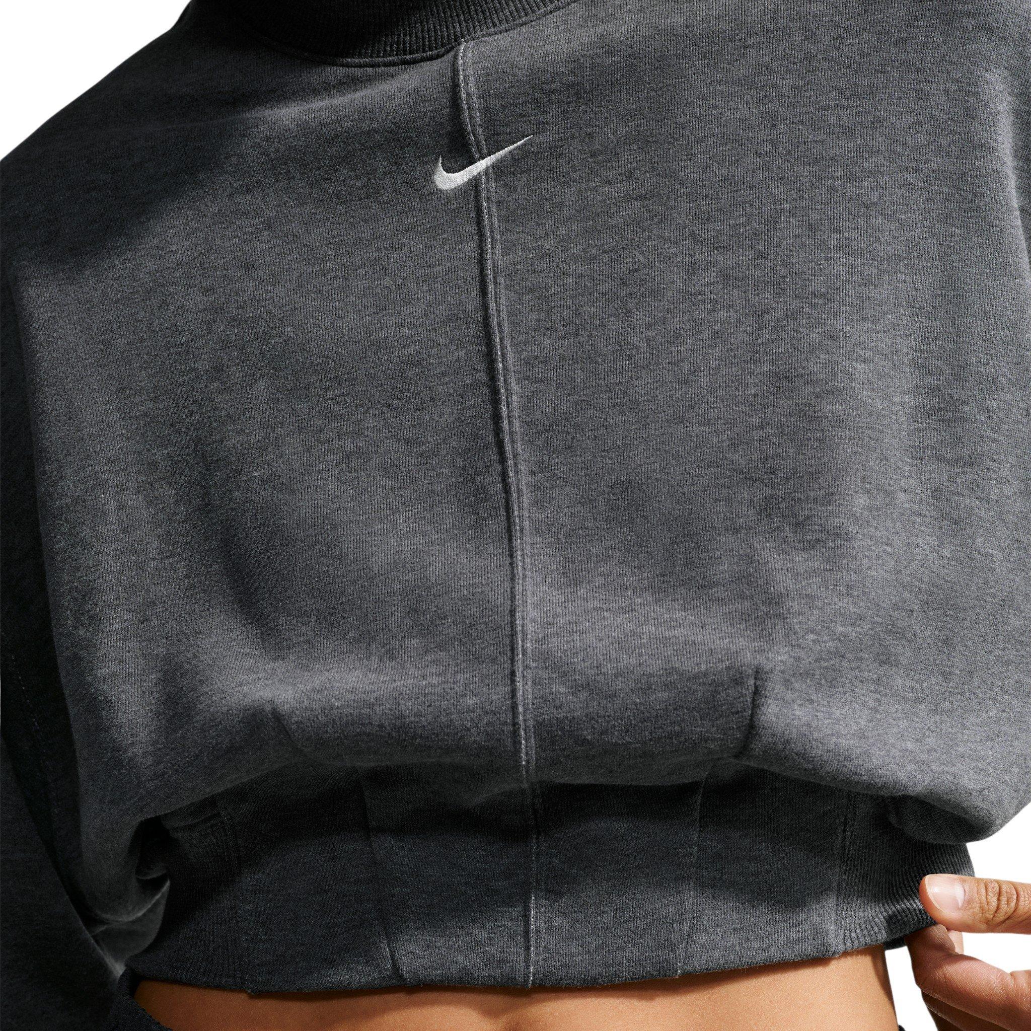Nike Women's Studio Fleece Lightweight "French Terry" Oversized Cropped Pleated Crew - Charcoal - CHARCOAL