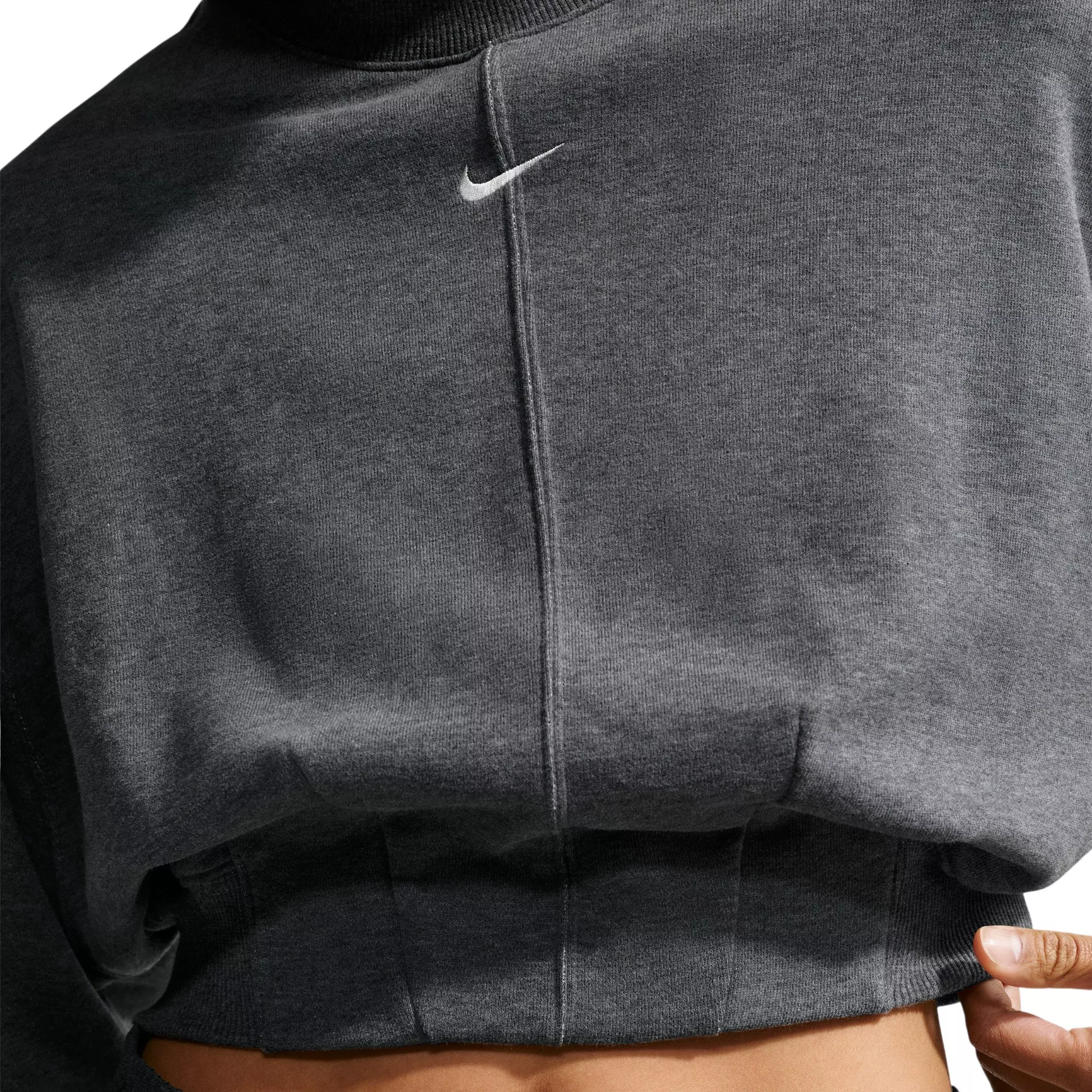 Nike Women's Studio Fleece Lightweight "French Terry" Oversized Cropped Pleated Crew - Charcoal - CHARCOAL