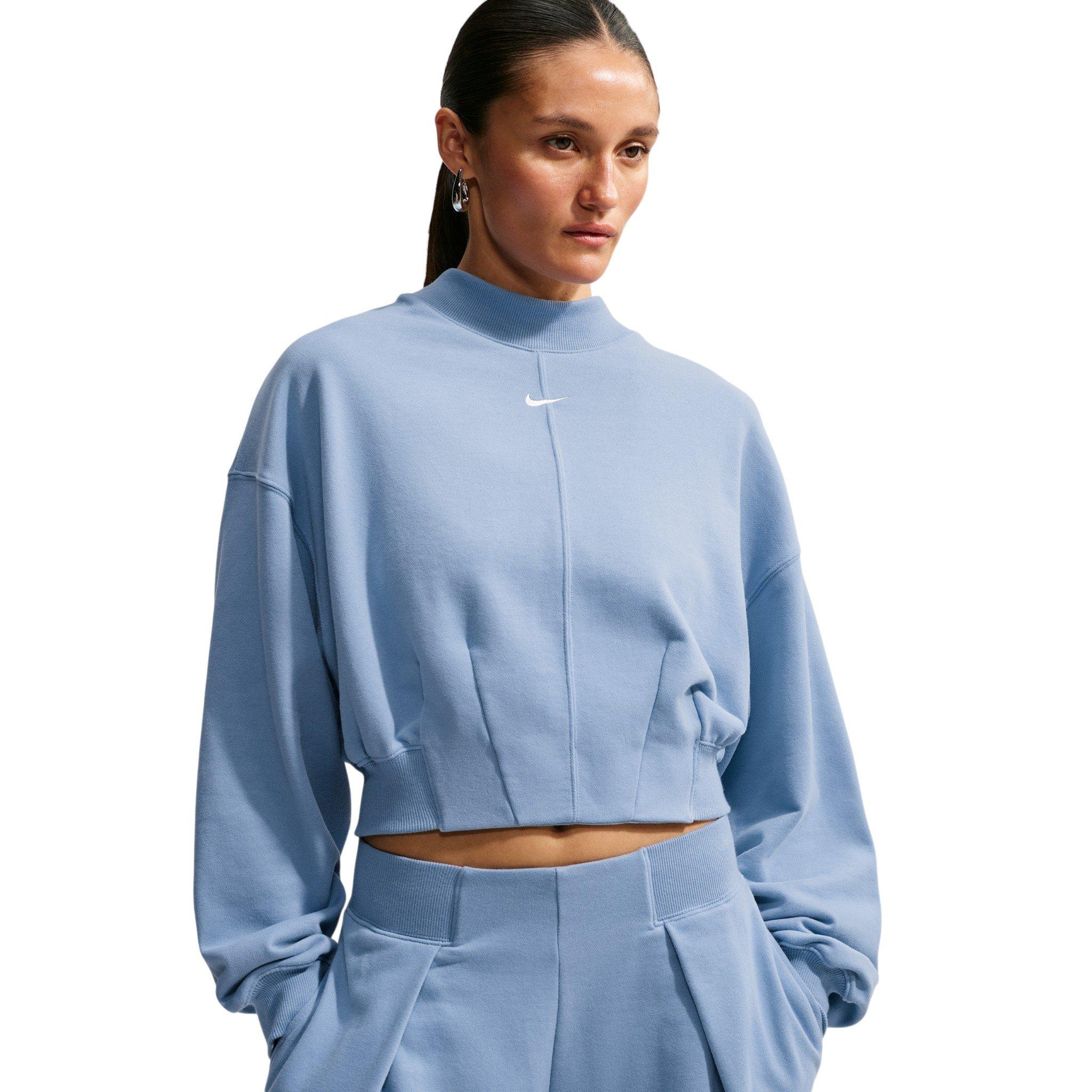 Nike Women's Studio Fleece Lightweight "French Terry" Oversized Cropped Pleated Crew - Blue - BLUE