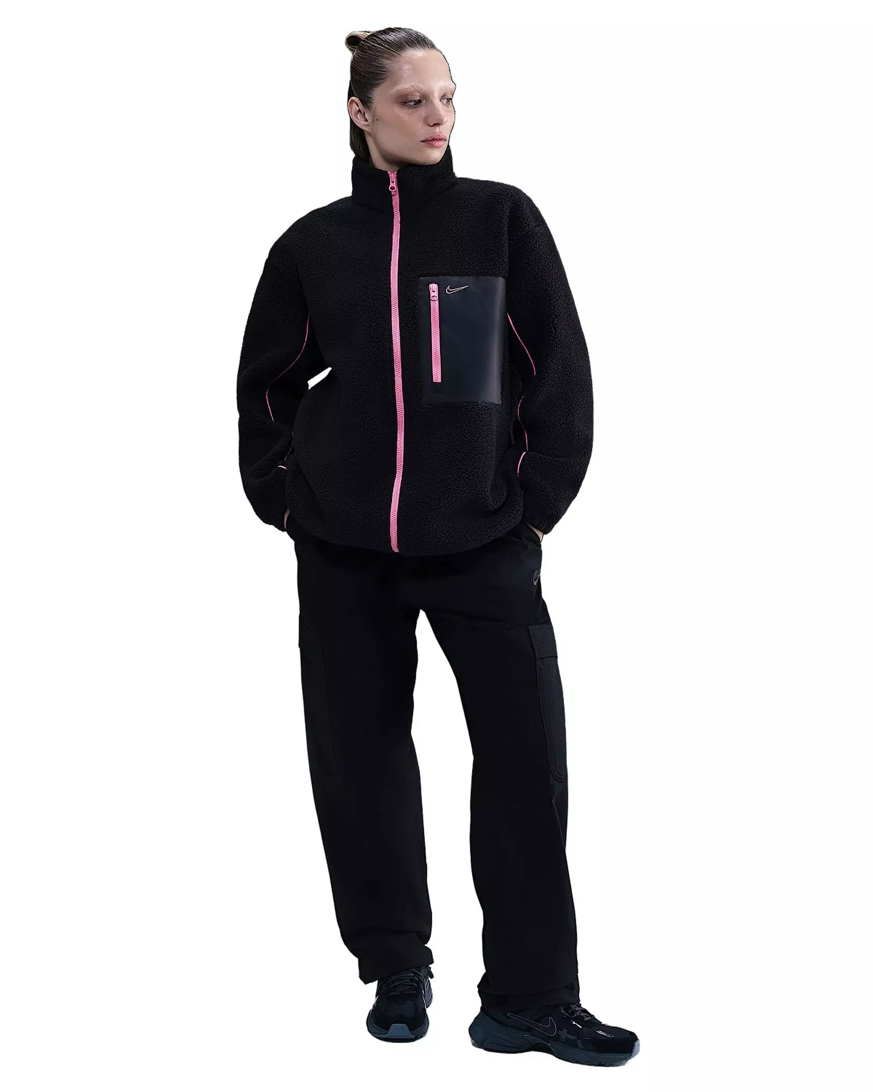 Nike Women's Sportswear Full-Zip High-Pile Fleece Jacket - Black/Pink - BLACK/PINK