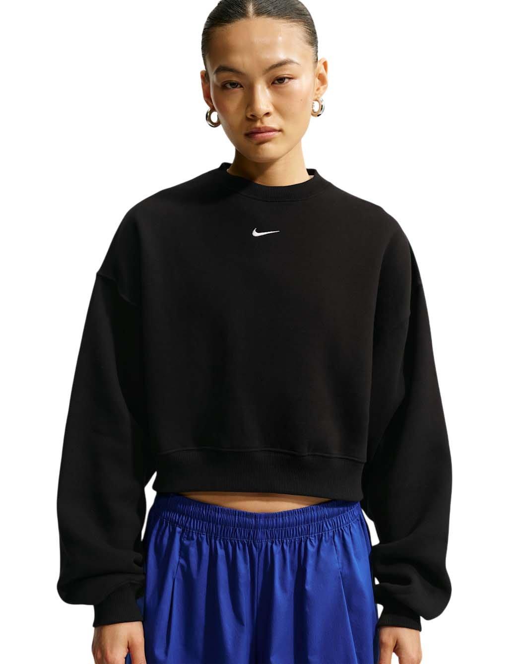Nike Women's Studio Fleece Medium Weight Oversized Cropped Crewneck - Black/Off-White - BLACK/OFF-WHITE