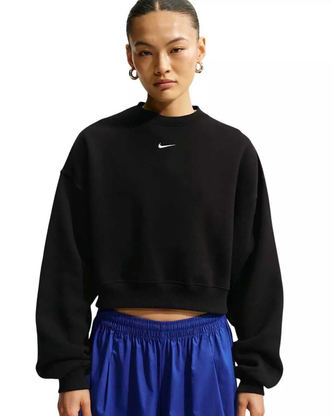 Nike Women's Studio Fleece Medium Weight Oversized Cropped Crewneck - Black/Off-White - BLACK/OFF-WHITE