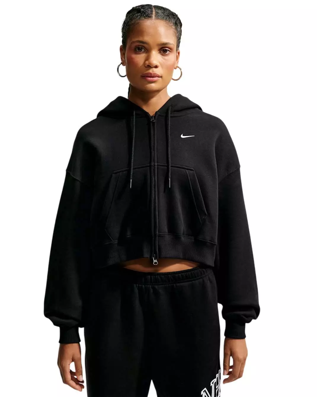 Nike Women's Studio Fleece Medium Weight Oversized Full-Zip Cropped Hooded Jacket - Black/Off-White - BLACK/OFF-WHITE