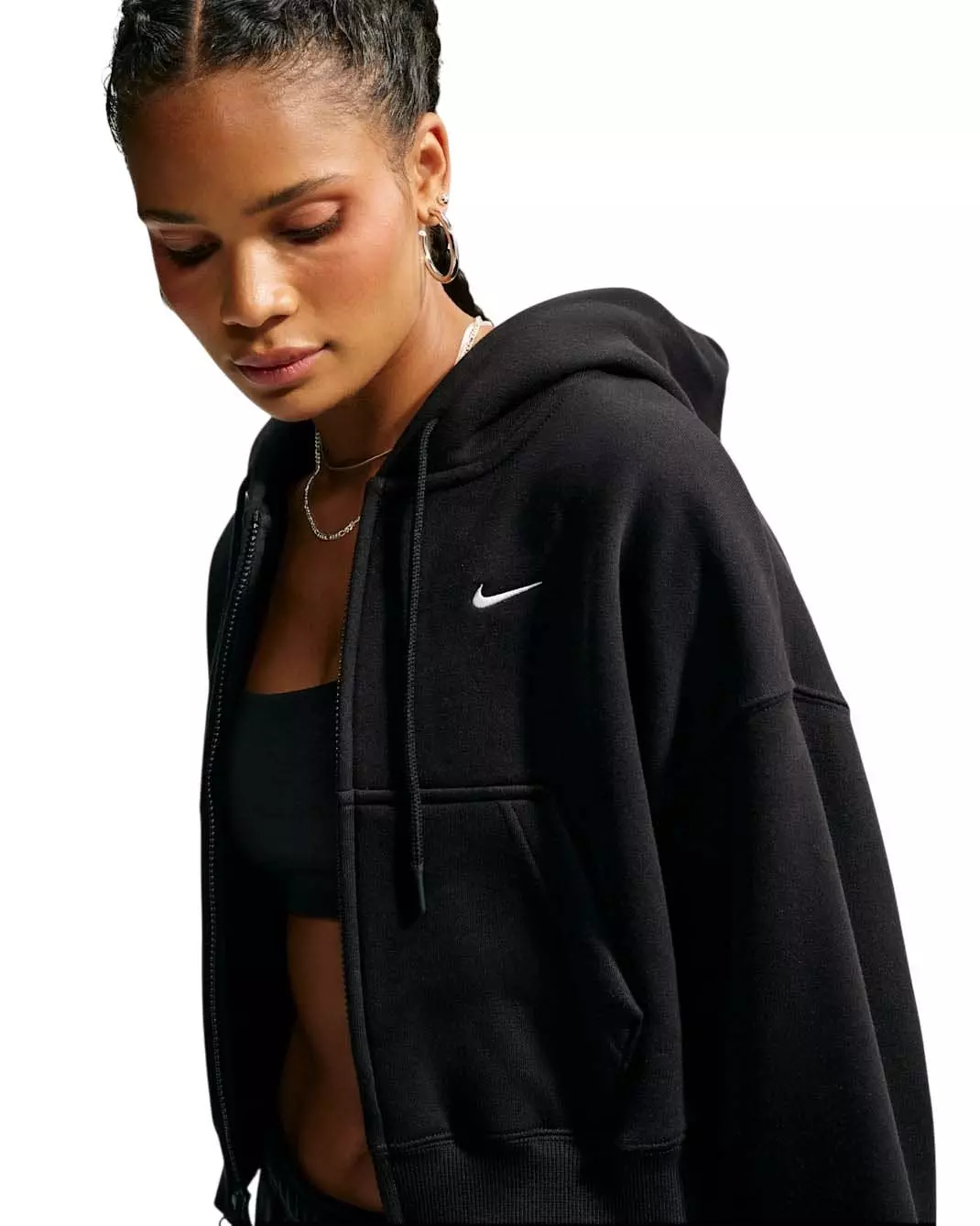 Nike Women's Studio Fleece Medium Weight Oversized Full-Zip Cropped Hooded Jacket - Black/Off-White - BLACK/OFF-WHITE