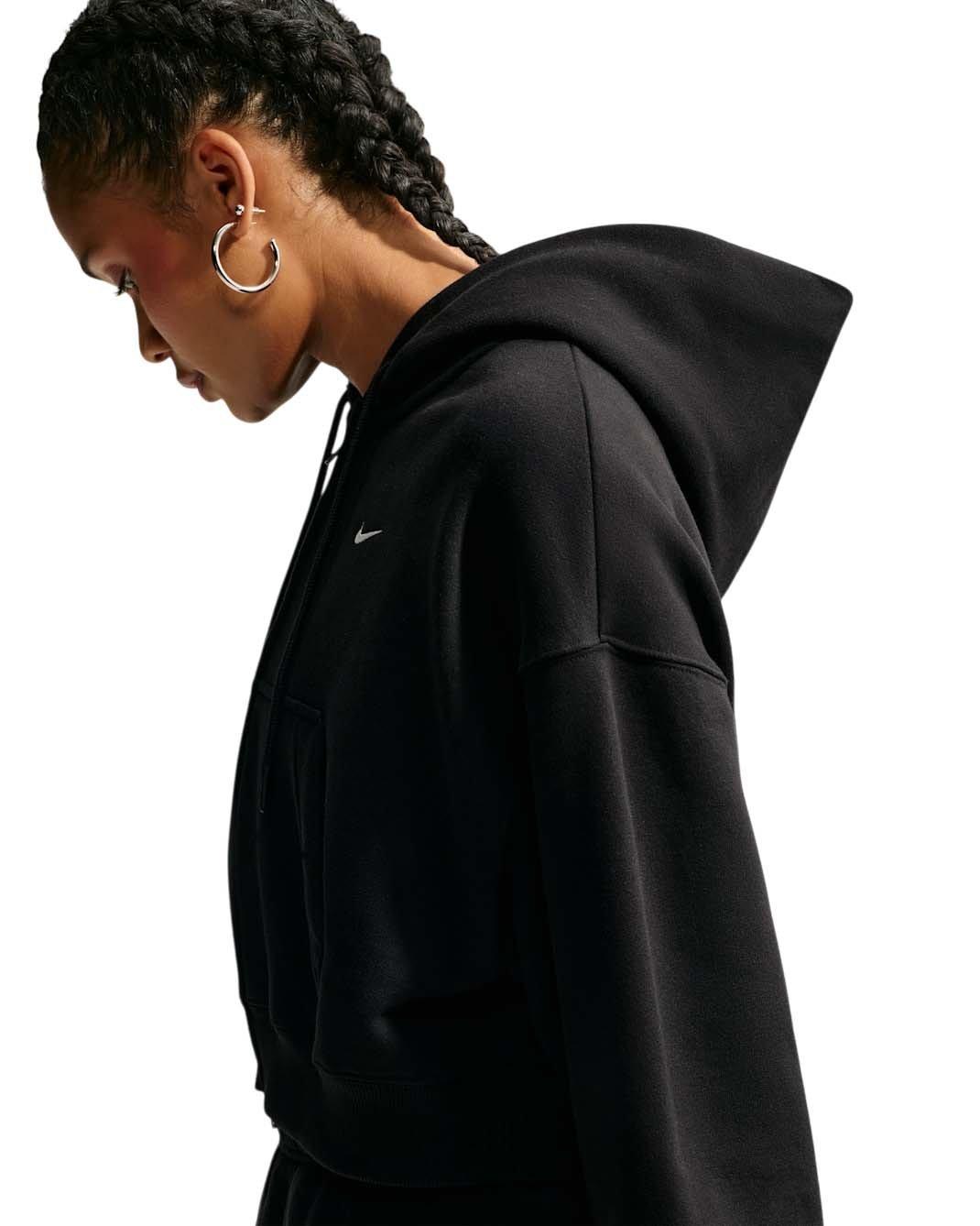 Nike Women's Studio Fleece Medium Weight Oversized Full-Zip Cropped Hooded Jacket - Black/Off-White - BLACK/OFF-WHITE Thumbnail View 4