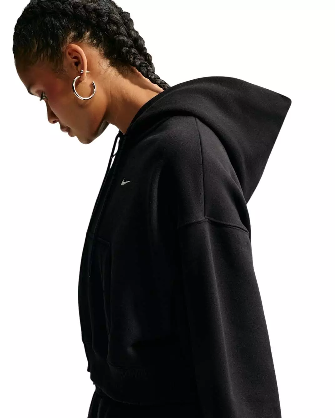 Nike Women's Studio Fleece Medium Weight Oversized Full-Zip Cropped Hooded Jacket - Black/Off-White - BLACK/OFF-WHITE