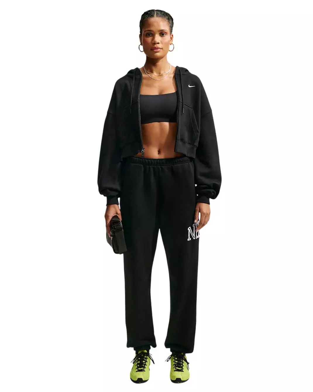Nike Women's Studio Fleece Medium Weight Oversized Full-Zip Cropped Hooded Jacket - Black/Off-White - BLACK/OFF-WHITE