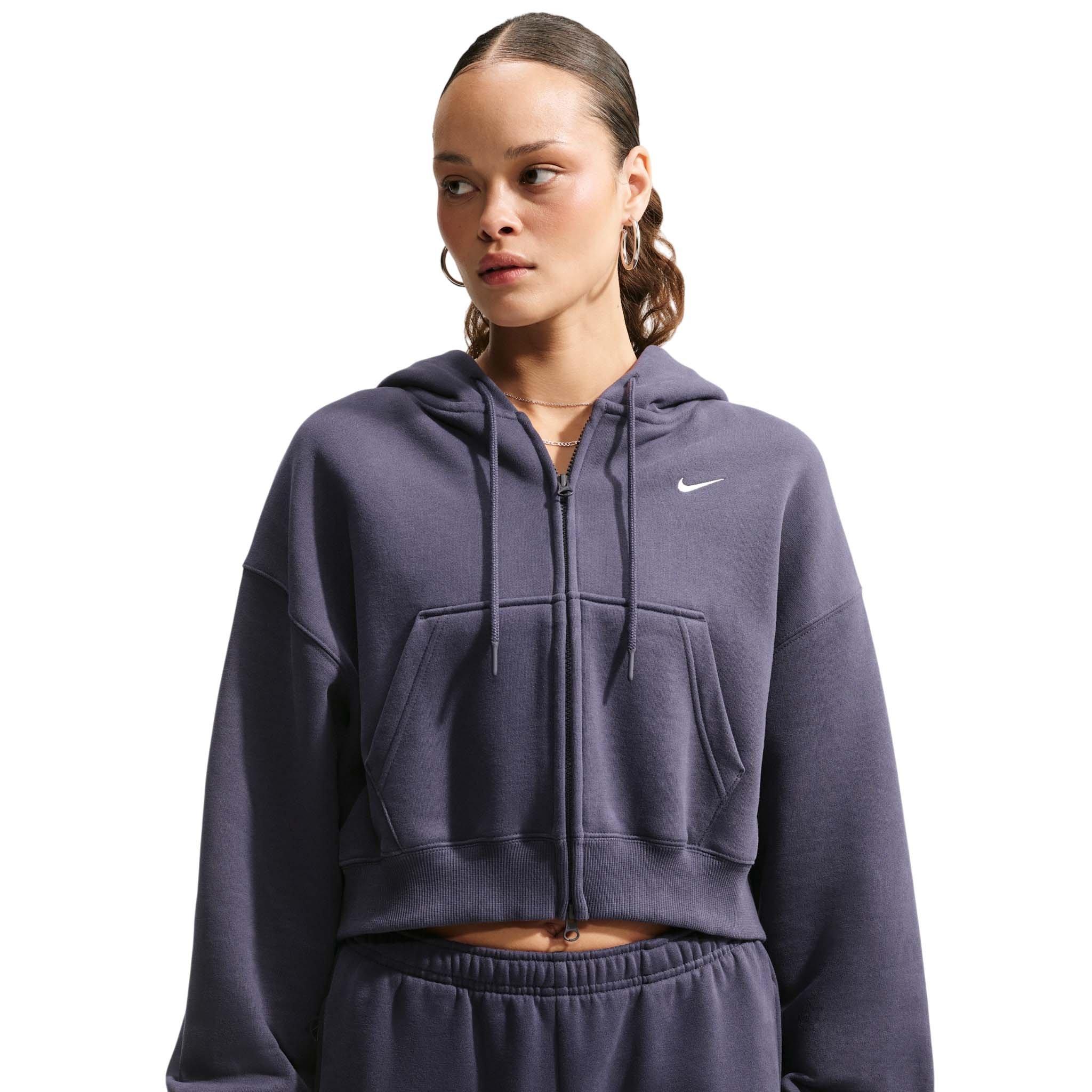 Nike Women's Studio Fleece Medium Weight Oversized Full-Zip Cropped Hooded Jacket - Grey - GREY