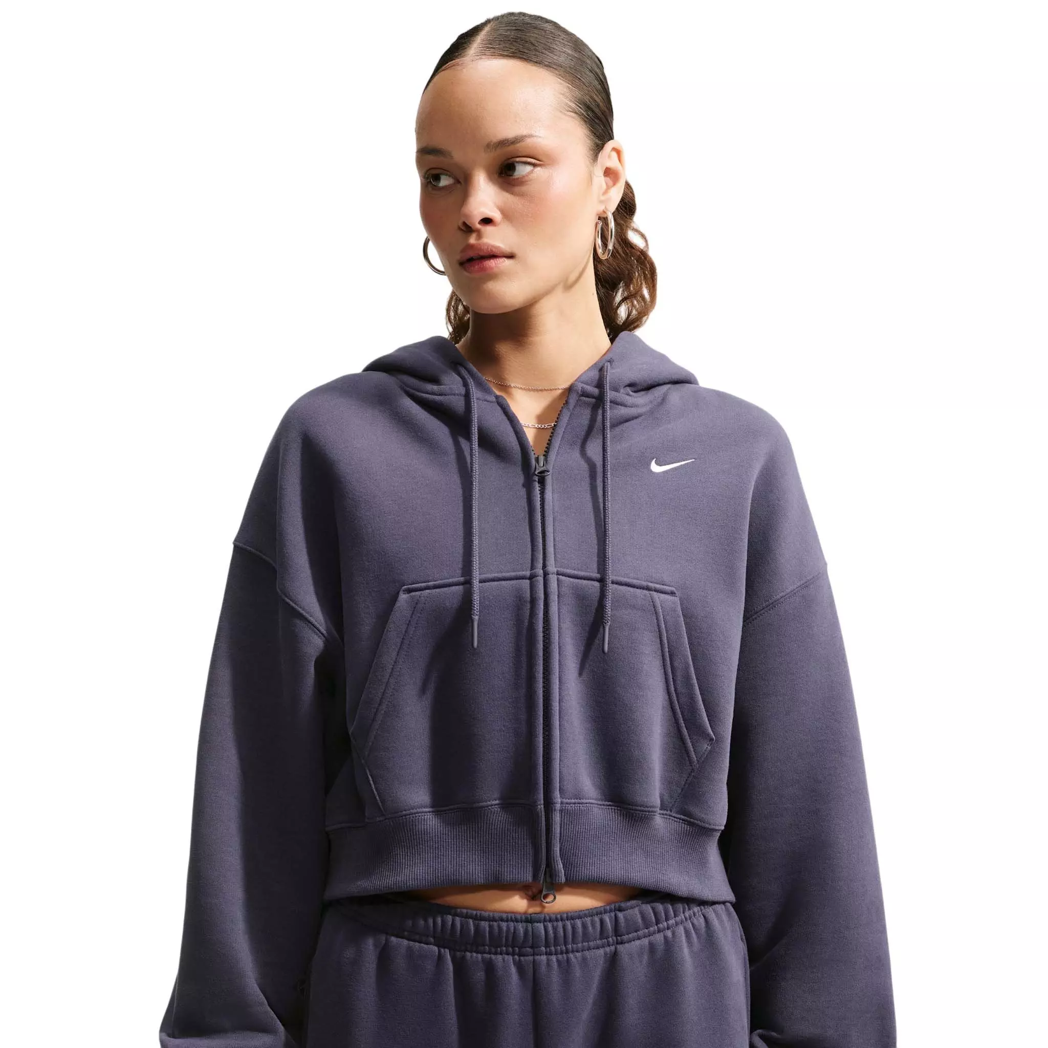 Nike Women's Studio Fleece Medium Weight Oversized Full-Zip Cropped Hooded Jacket - Grey - GREY