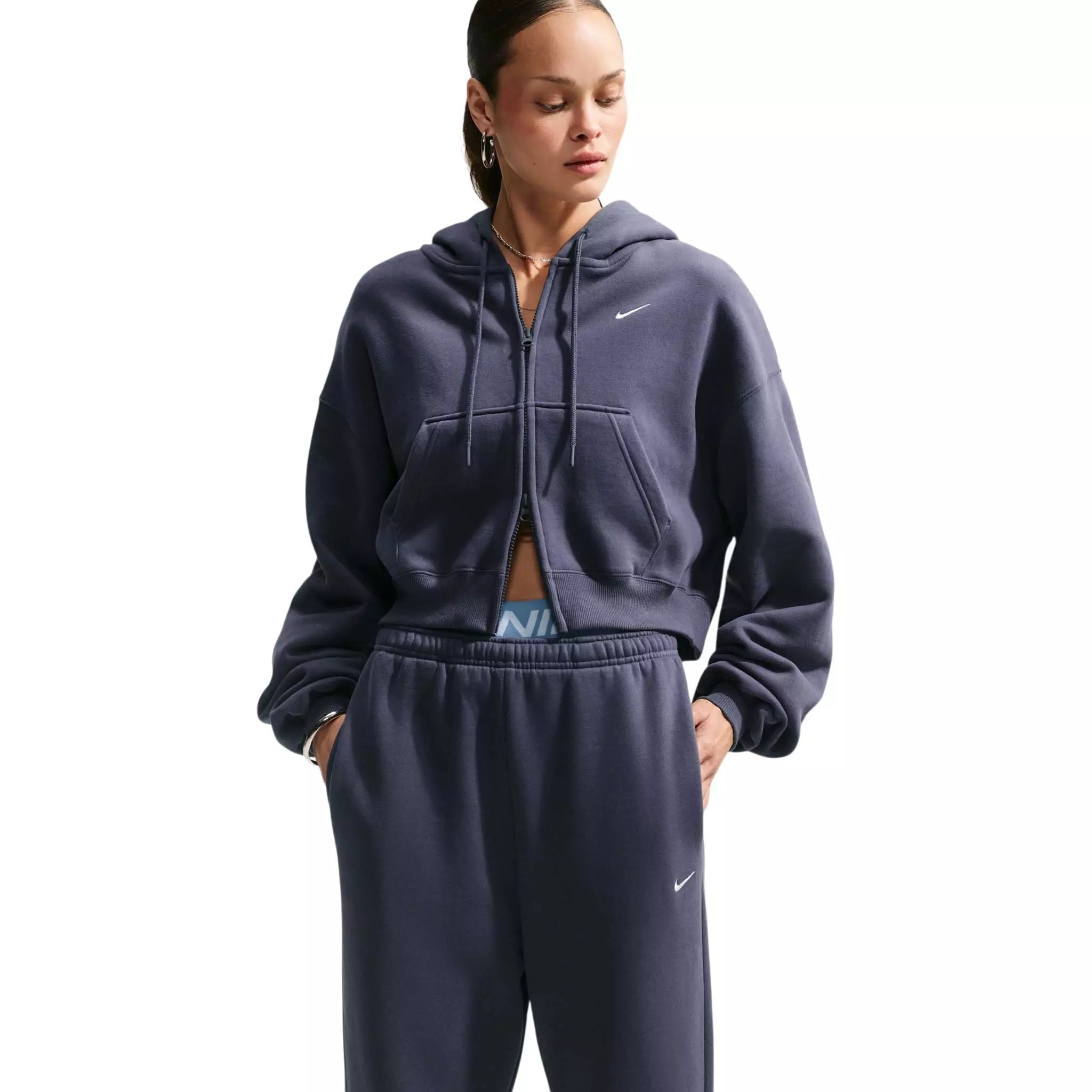 Nike Women's Studio Fleece Medium Weight Oversized Full-Zip Cropped Hooded Jacket - Grey - GREY