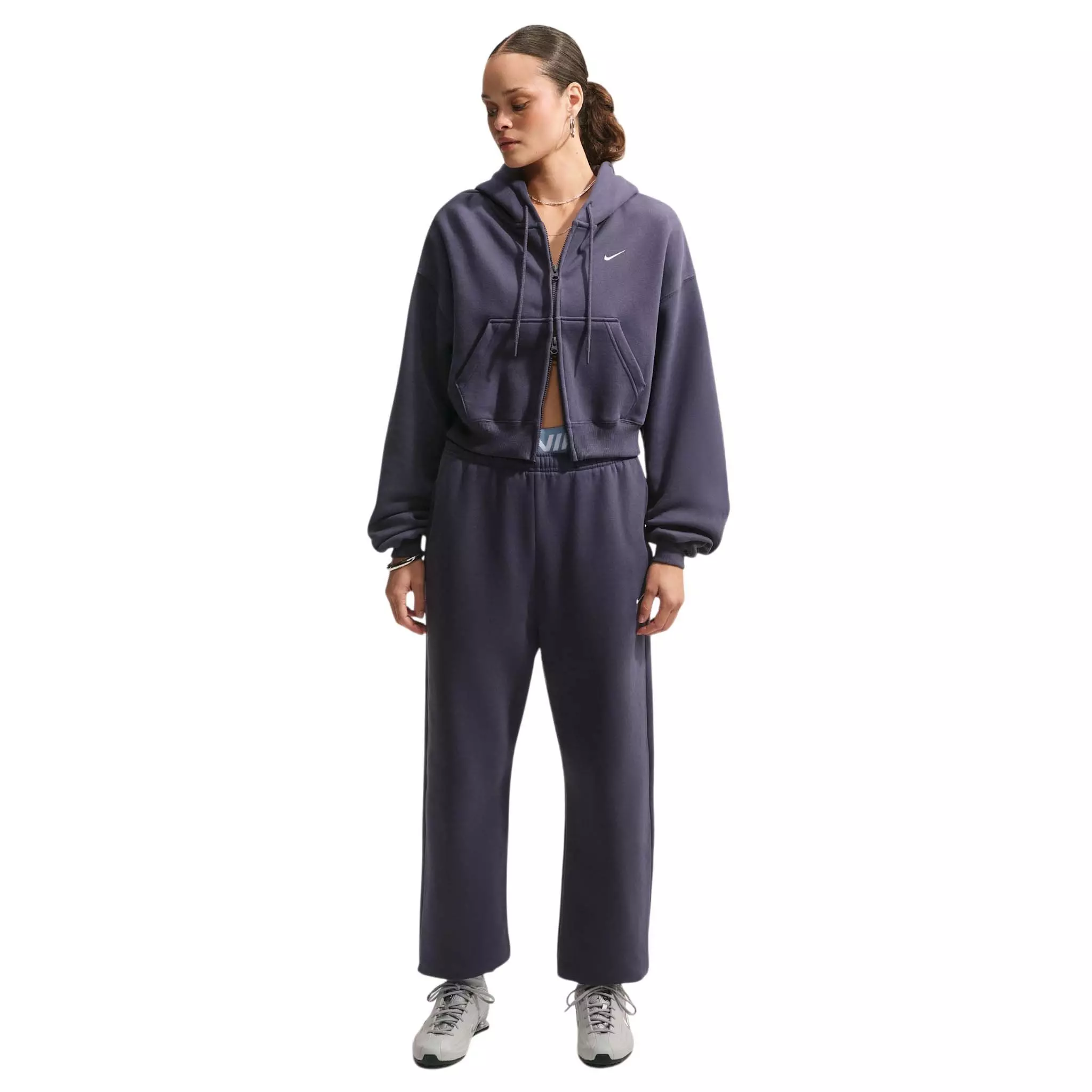 Nike Women's Studio Fleece Medium Weight Oversized Full-Zip Cropped Hooded Jacket - Grey - GREY