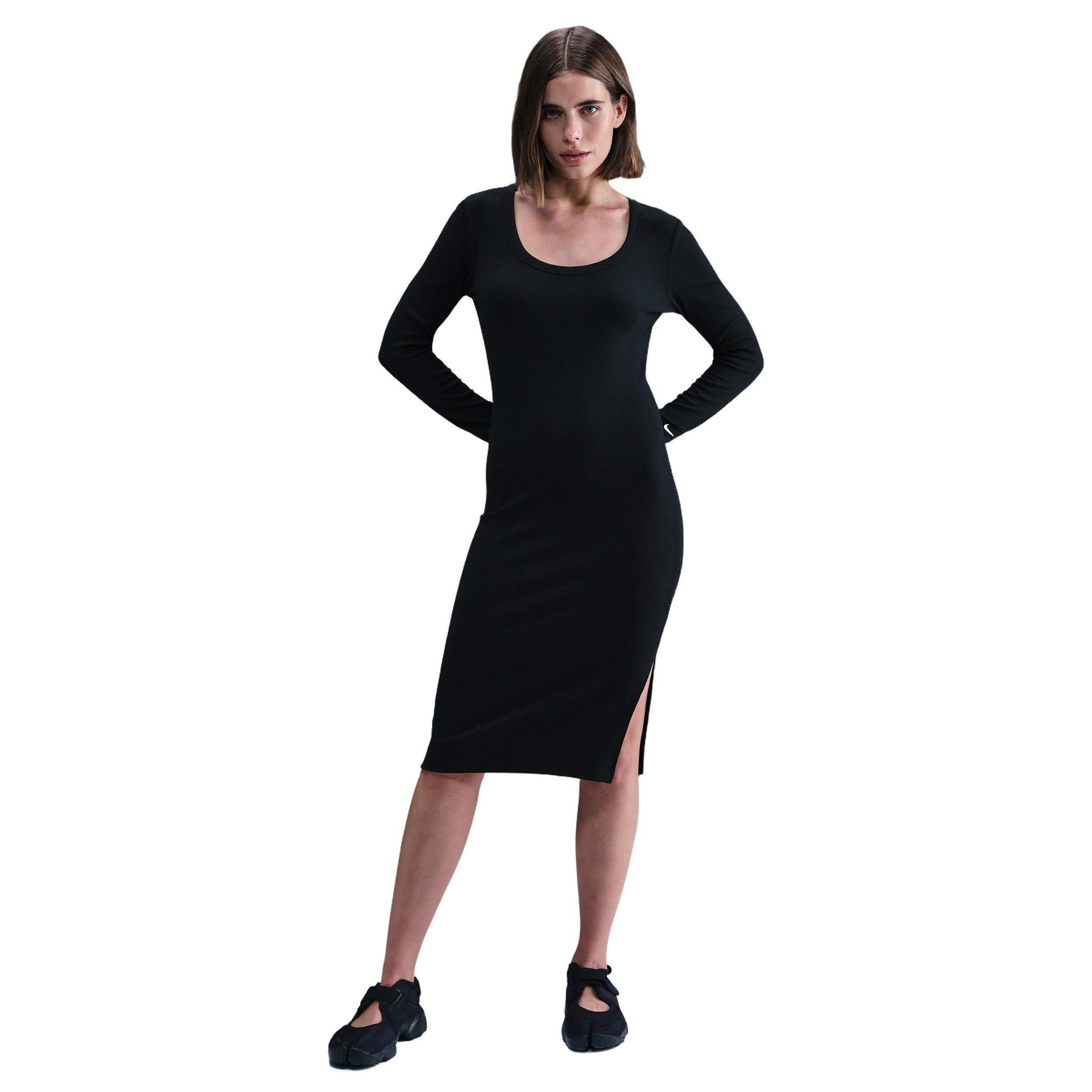 Nike Women's Sportswear Chill Knit Tight Long-Sleeve Midi Mini-Rib Dress -Black - BLACK Thumbnail View 1