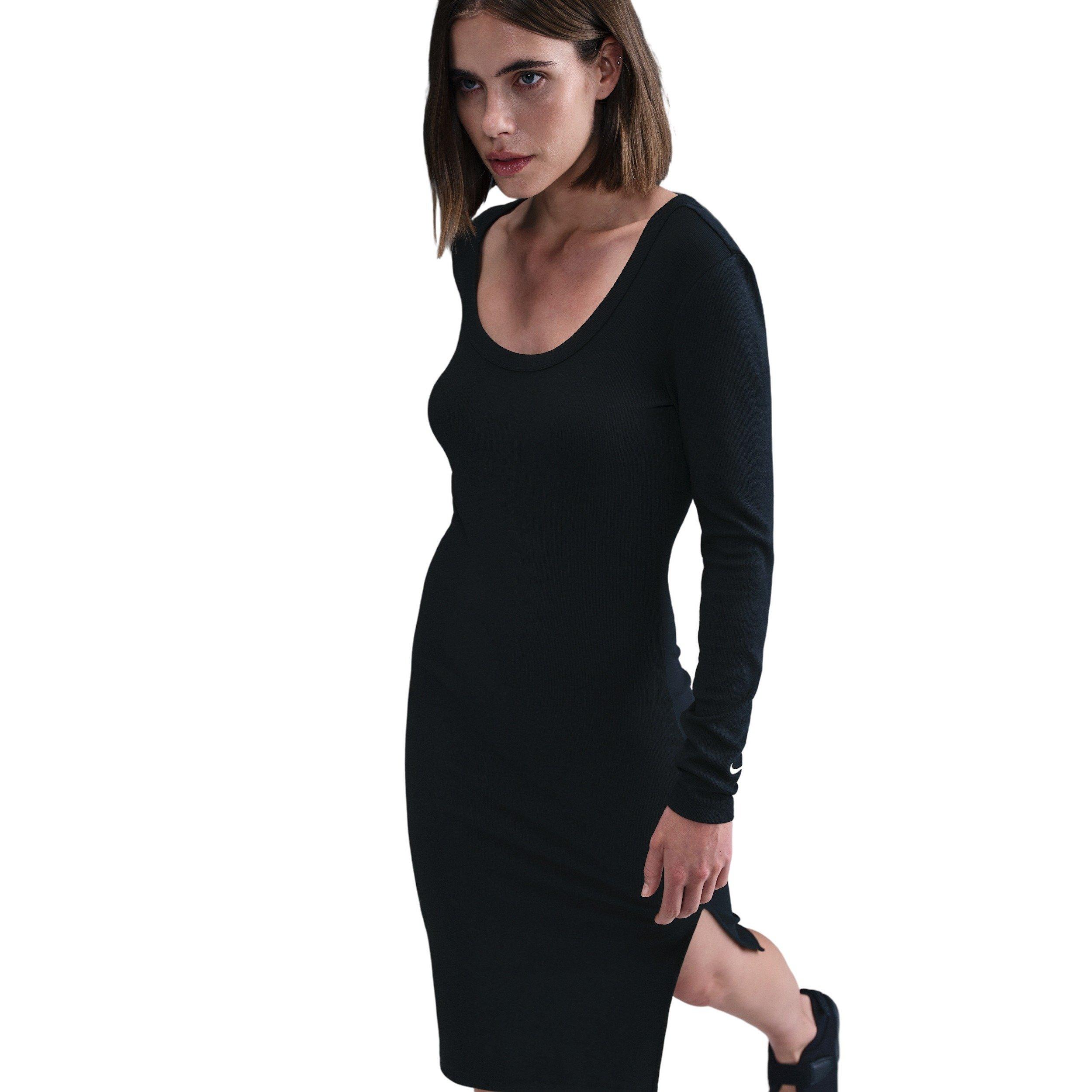 Nike Women's Sportswear Chill Knit Tight Long-Sleeve Midi Mini-Rib Dress - Black - BLACK Thumbnail View 5