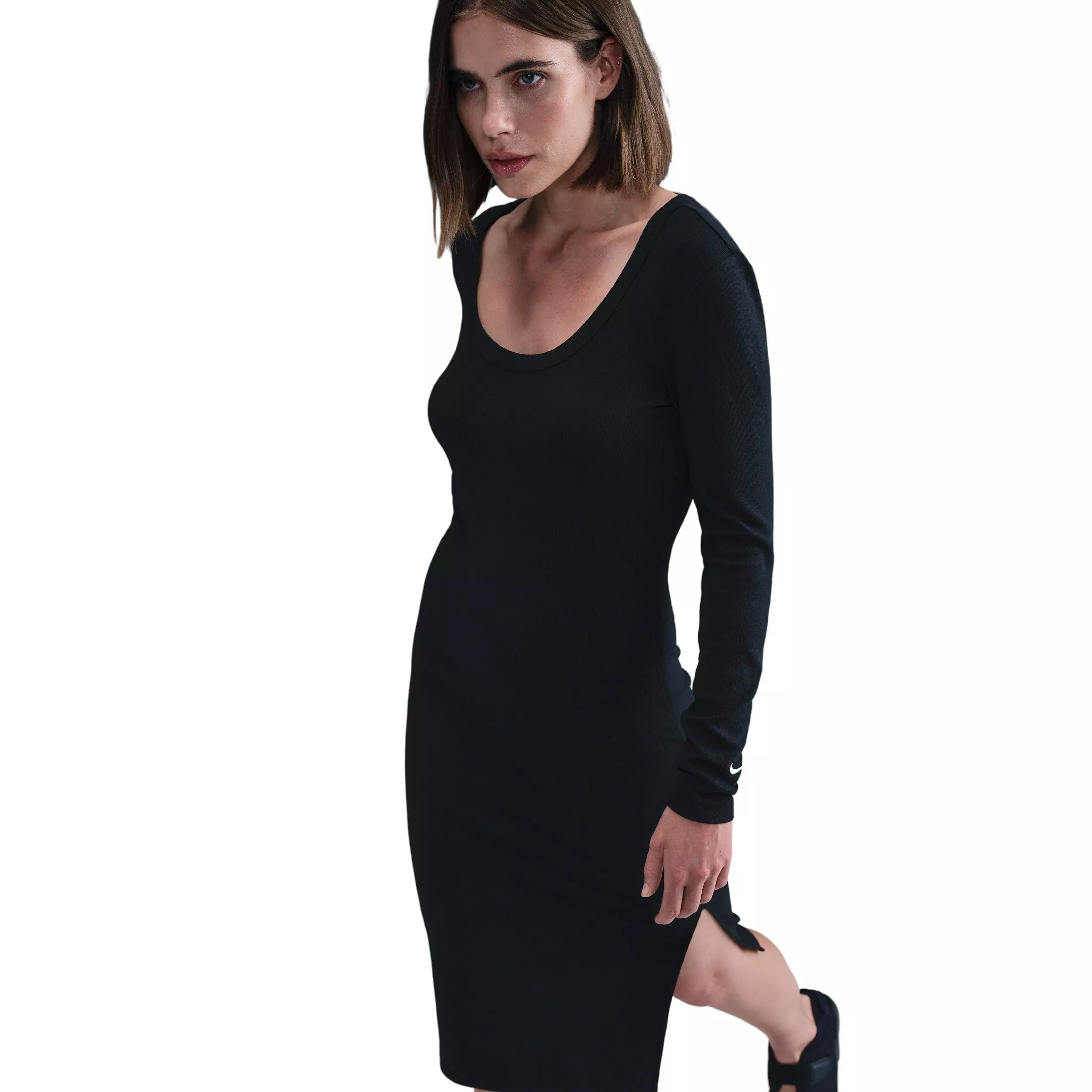 Nike Women's Sportswear Chill Knit Tight Long-Sleeve Midi Mini-Rib Dress -Black - BLACK