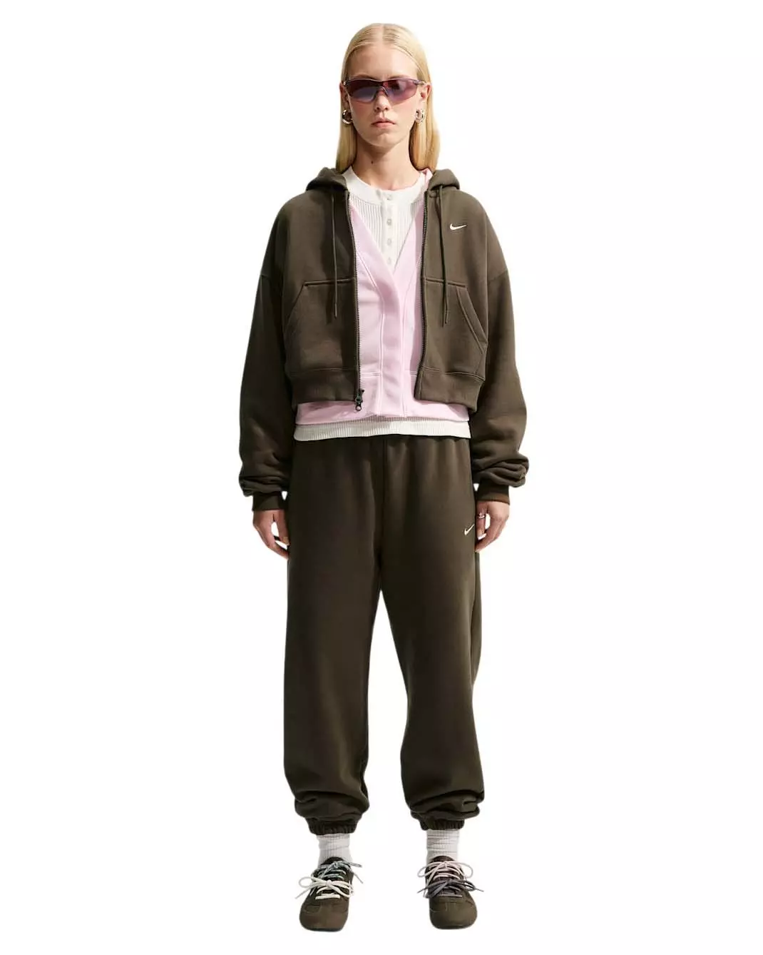 Nike Women's Studio Fleece Medium Weight Oversized Full-Zip Cropped Hooded Jacket - Brown - BROWN